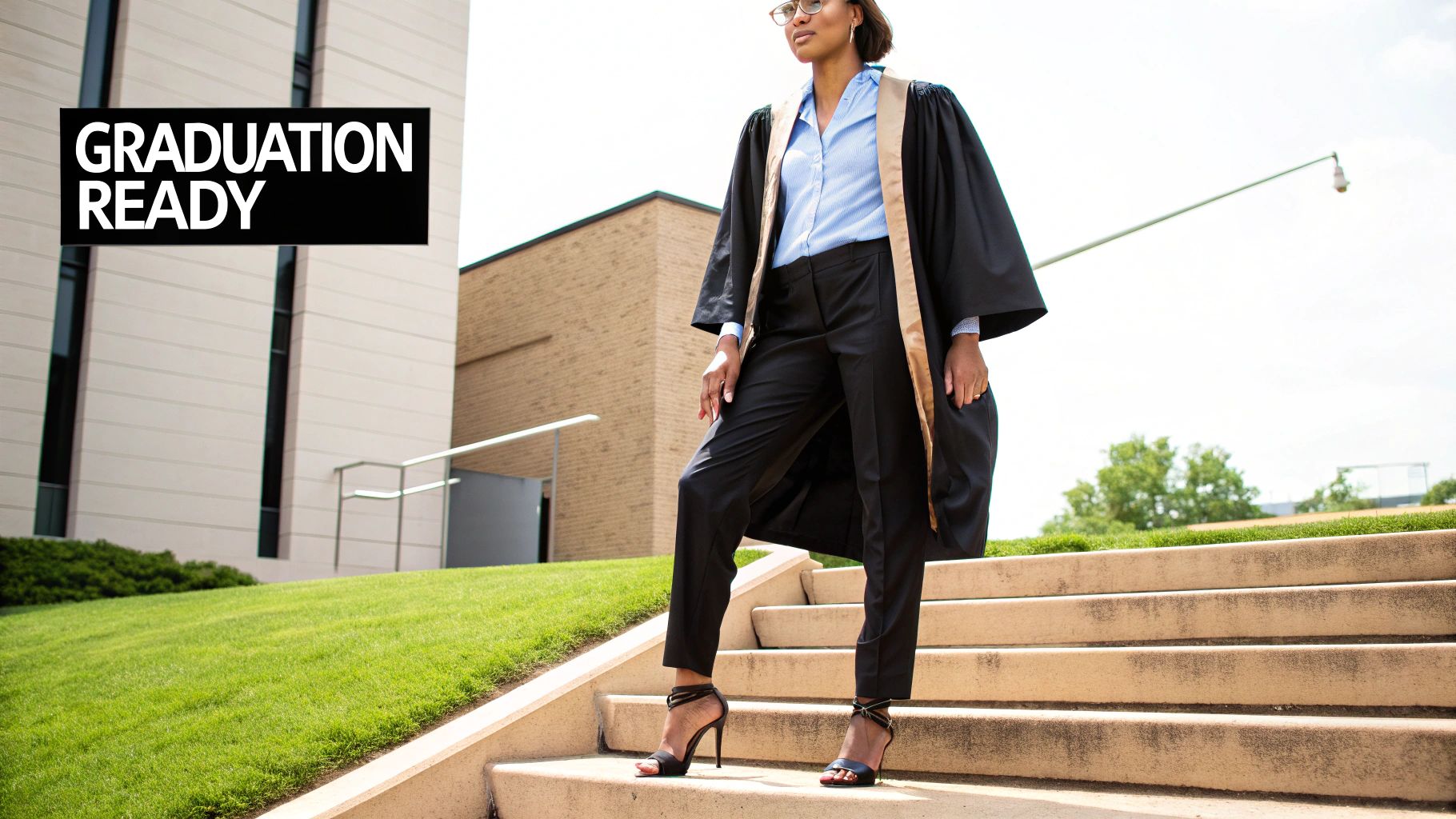A graduate smiling while wearing a graduation gown, cap, and a custom stole.