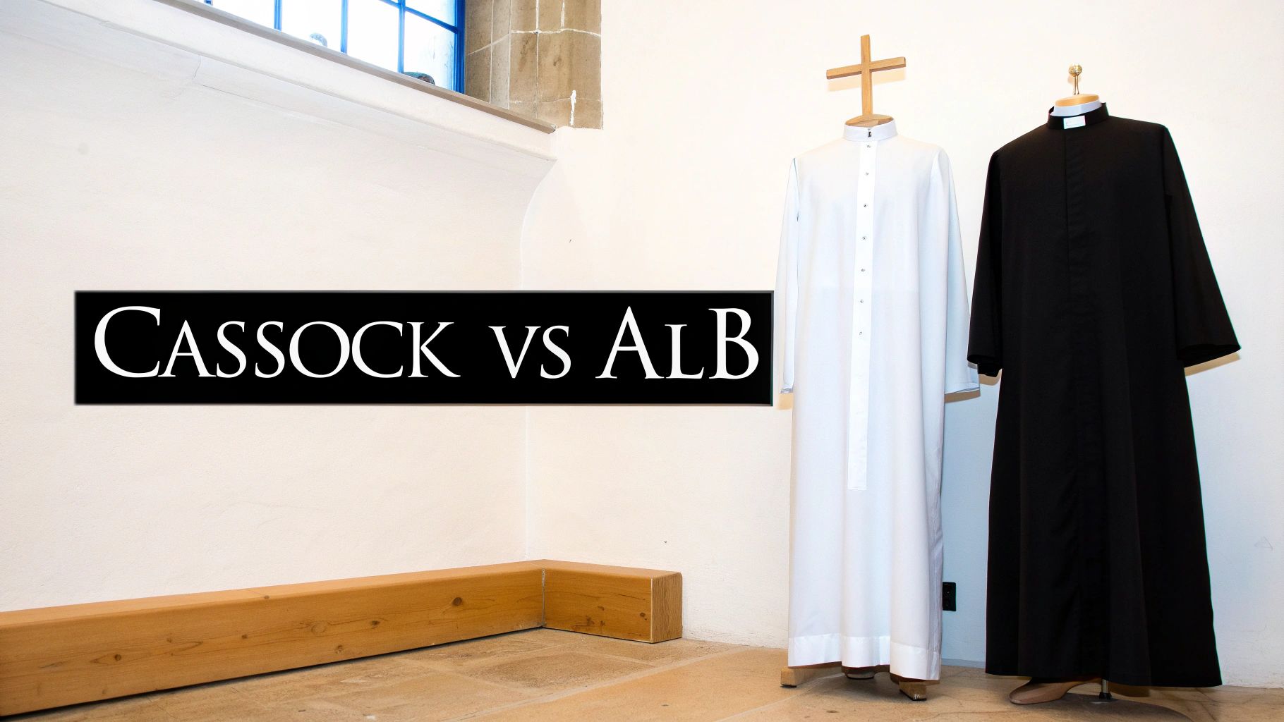 Two clerical garments, a white alb and a black cassock, displayed on mannequins with a 'CASSOCK vs ALB' sign.