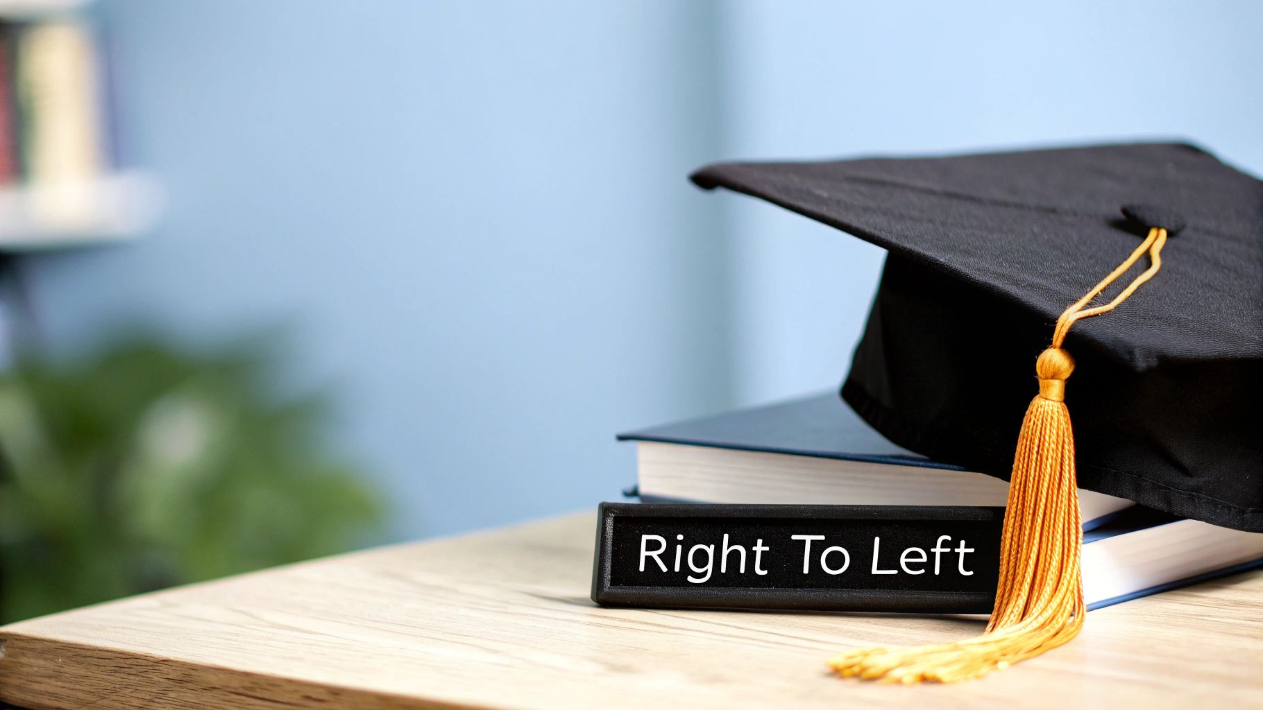 A black graduation cap with a golden tassel rests on books, next to a sign saying 'Right To Left'.