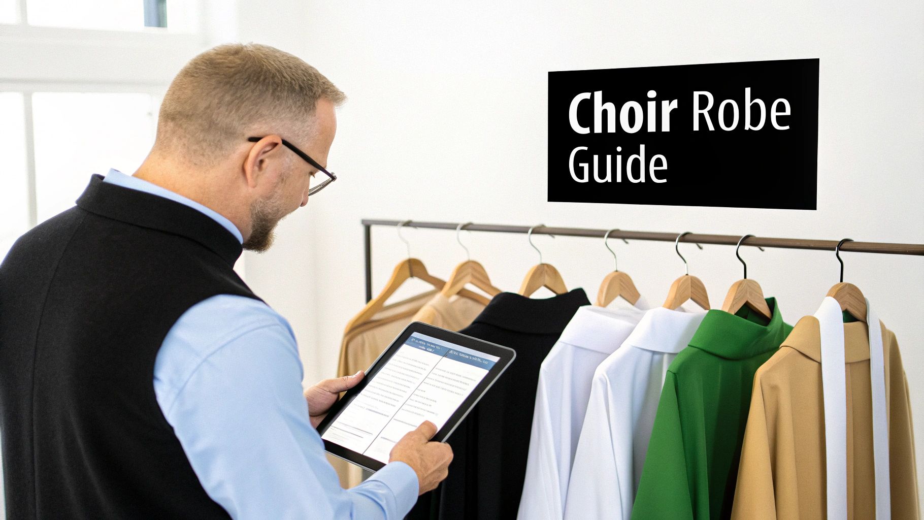 Man reading a tablet next to a rack of various colored choir robes and a 'Choir Robe Guide' sign.