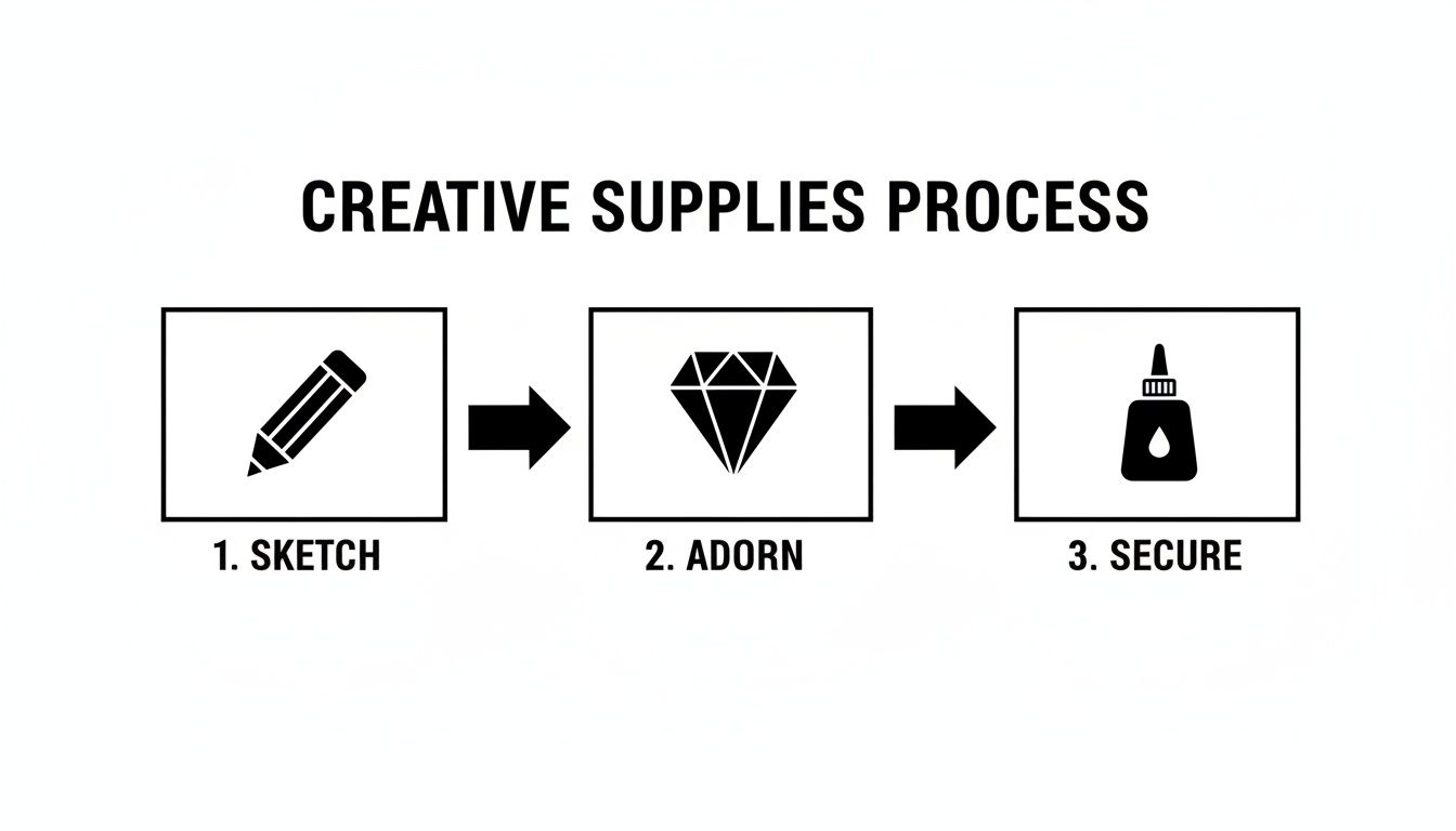 A diagram illustrating the creative supplies process with three steps: sketch (pencil), adorn (diamond), and secure (glue).
