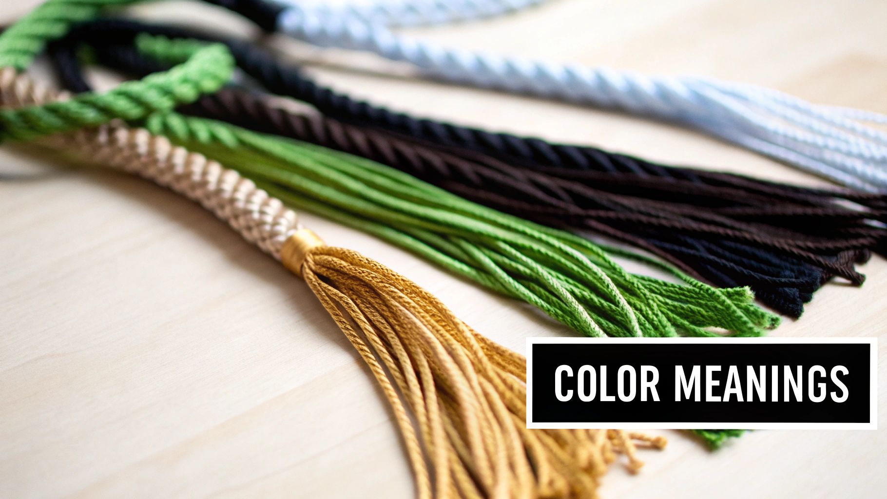 A close-up of multiple colorful braided ropes and tassels, likely honor cords, with a 'COLOR MEANINGS' text overlay.