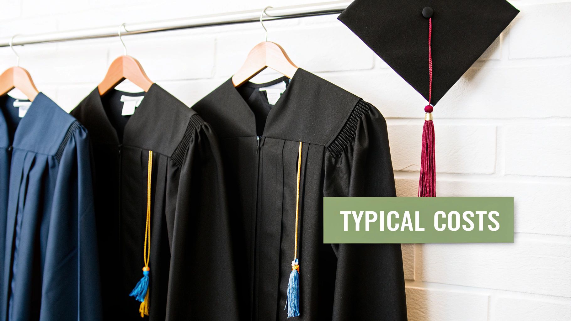 Black and blue graduation gowns hanging on a rack, a cap with a red tassel, and 'TYPICAL COSTS' text.