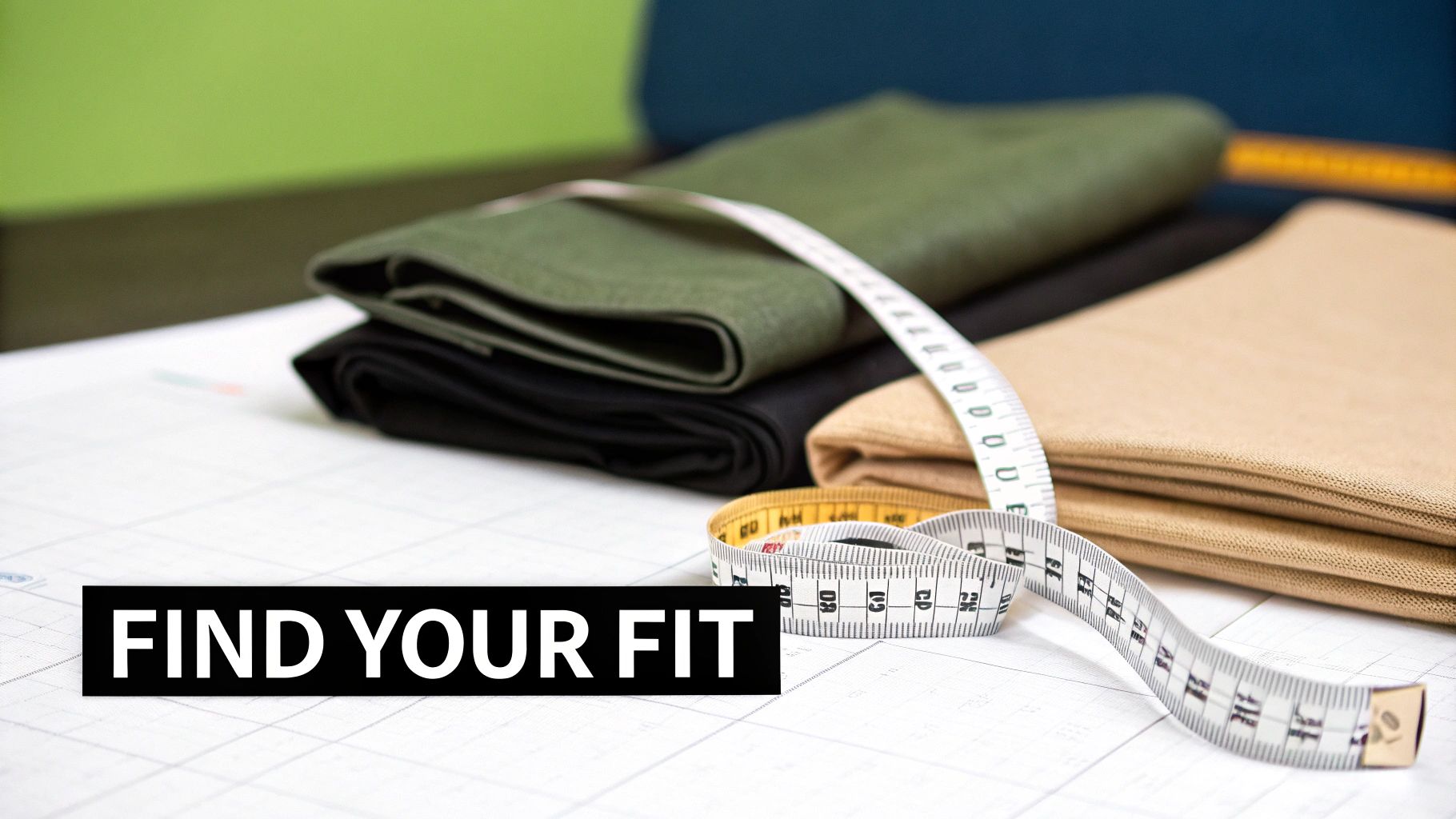 Folded green, black, and beige fabrics with a measuring tape on a pattern, promoting 'Find Your Fit'.