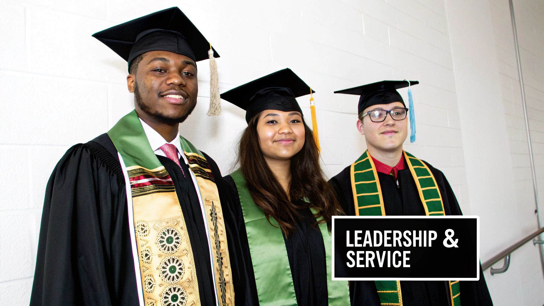 Three smiling diverse graduates in caps, gowns, and stoles, representing leadership and service.
