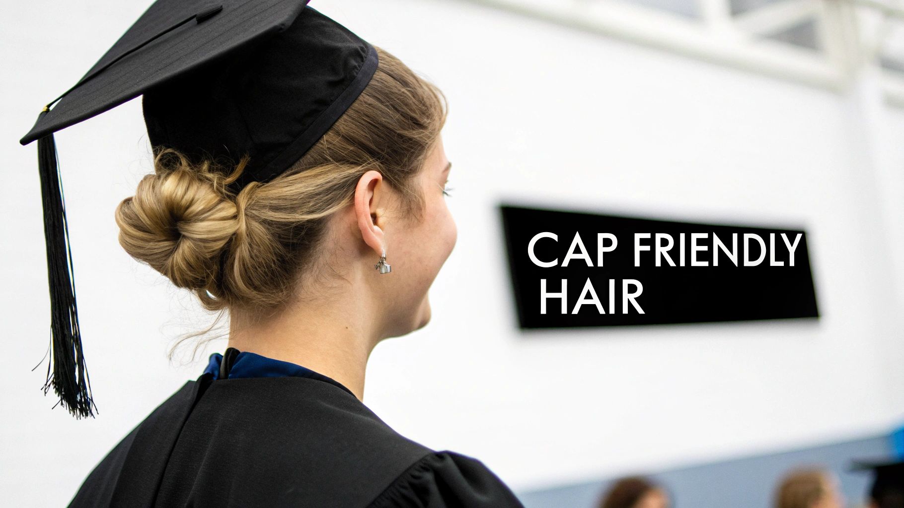 Close-up of a graduate's blonde hair in a low bun, perfectly styled for a graduation cap.