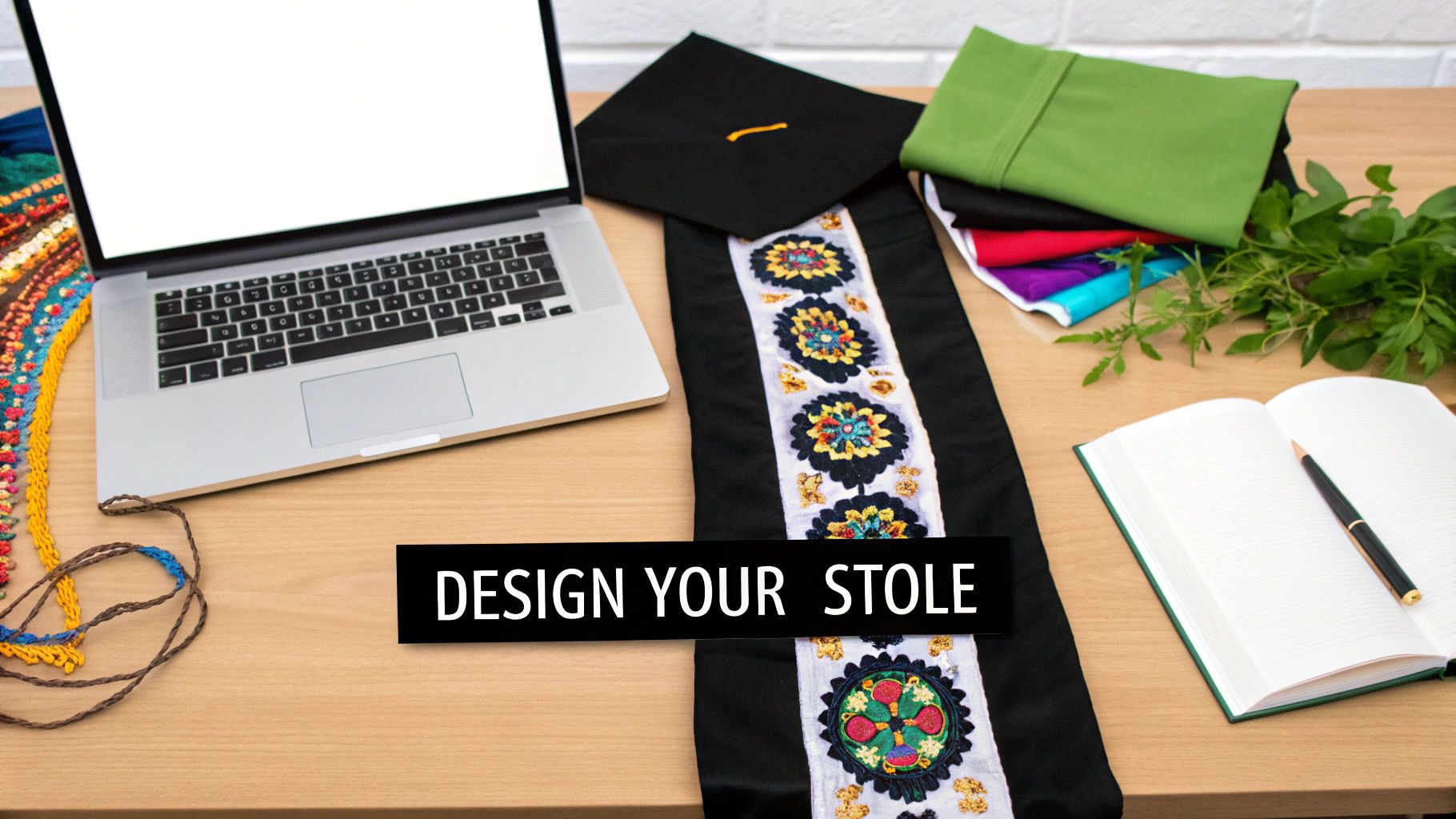 A student proudly displays their intricately designed graduation stole, featuring custom embroidery and colors that pop against their black gown.