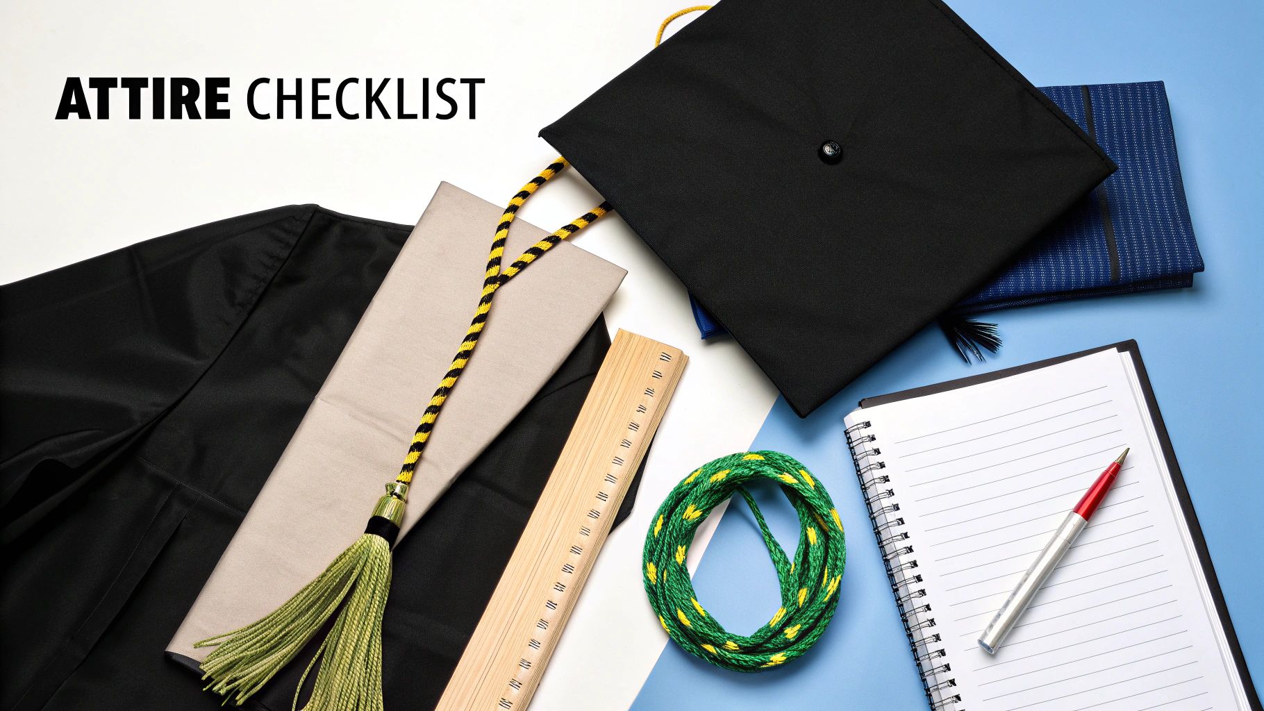 Flat lay of graduation attire checklist items including cap, gown, honor cord, ruler, and notebook.