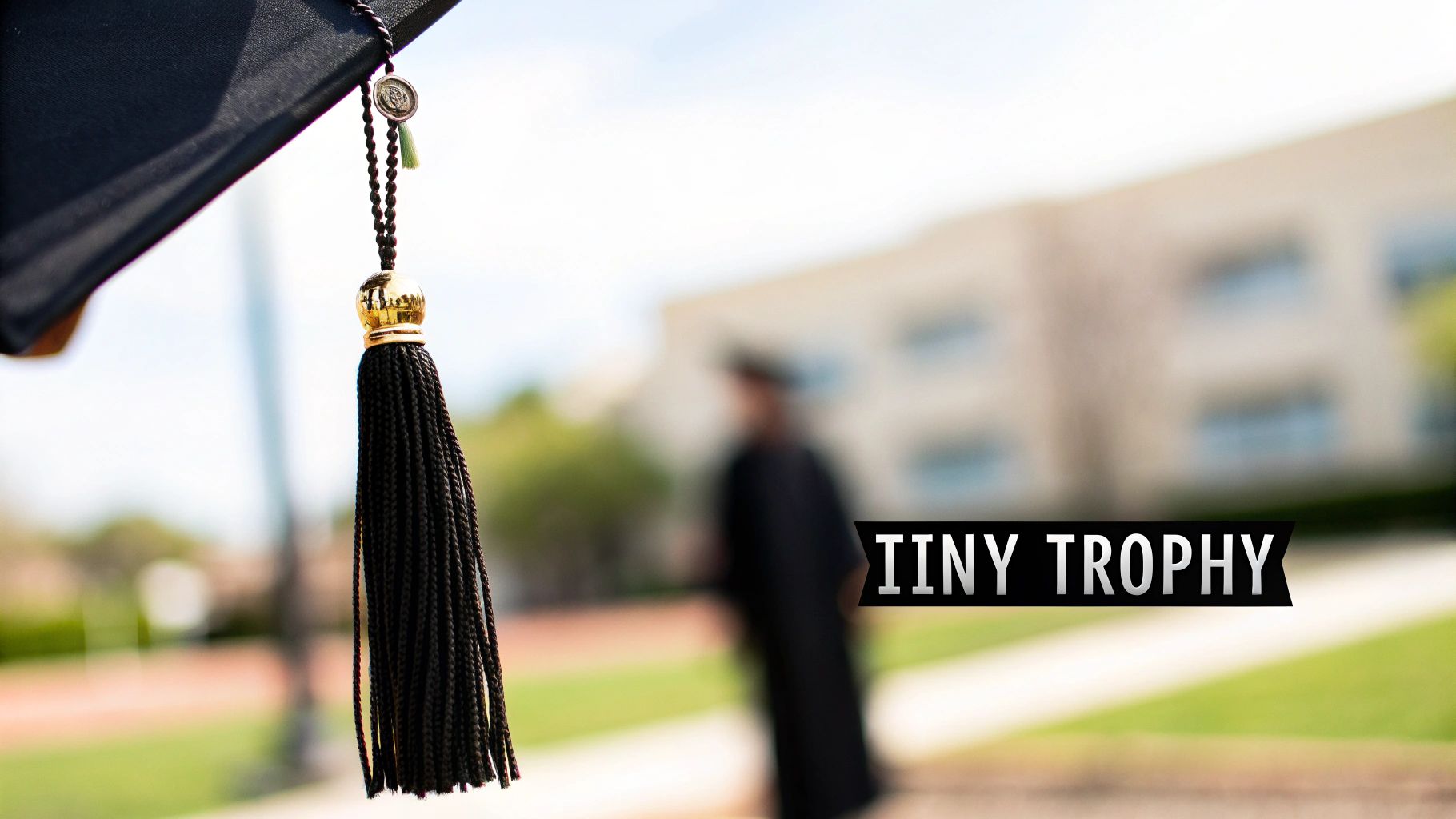 A close-up of a black graduation cap tassel with a gold top and a small metallic charm.