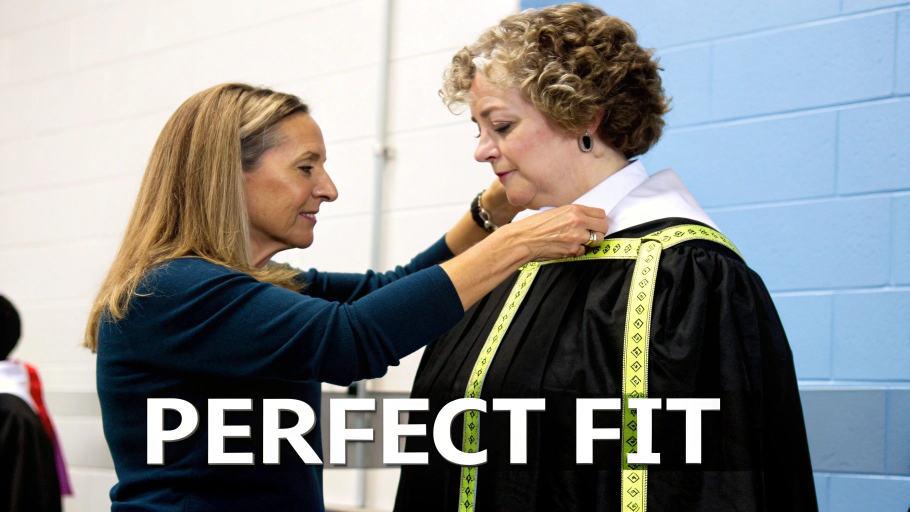 A woman in a blue top helps another woman adjust her academic regalia, including a black gown and white collar.