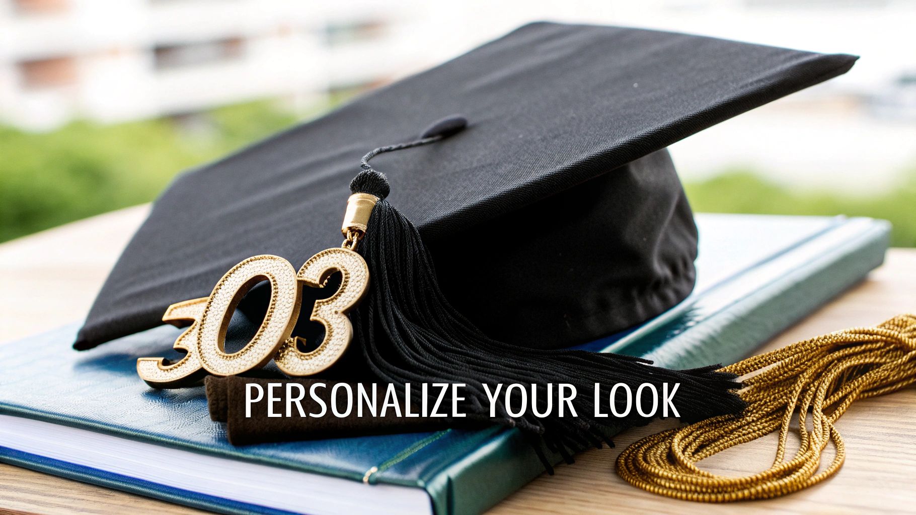 A black graduation cap with a 2023 tassel rests on a blue book, next to a gold honor cord, with text 'PERSONALIZE YOUR LOOK'.