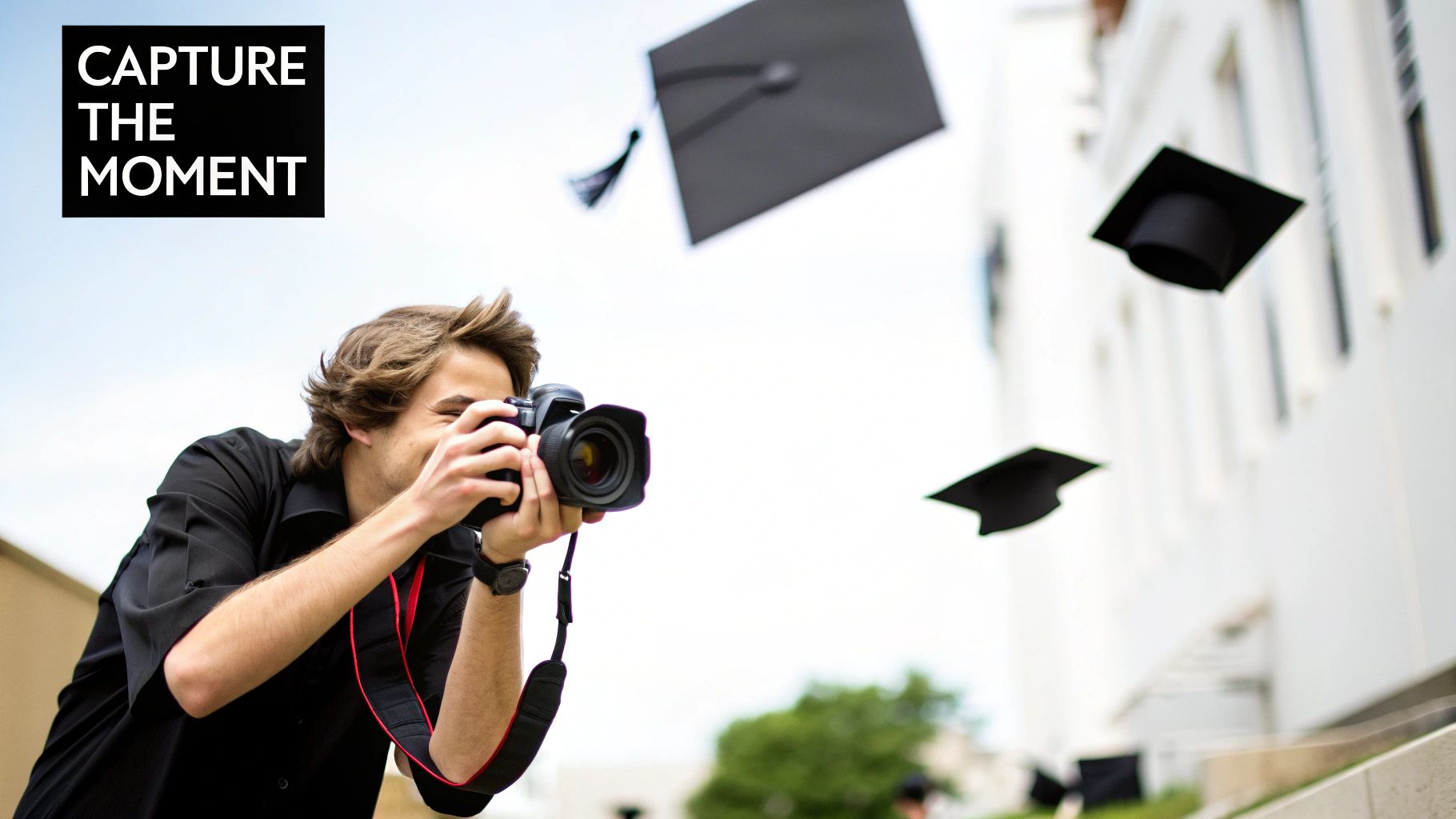 Graduates throwing their hats in the air against a blue sky, captured from a low angle.