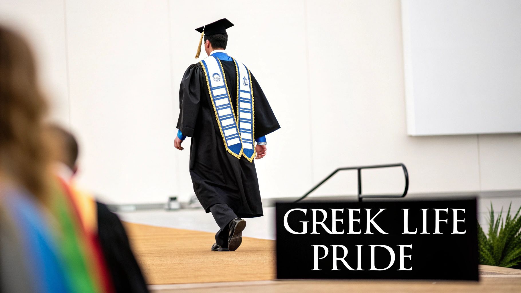 A graduate wearing a cap, gown, and Greek life stoles walks on stage next to a 'GREEK LIFE PRIDE' sign.