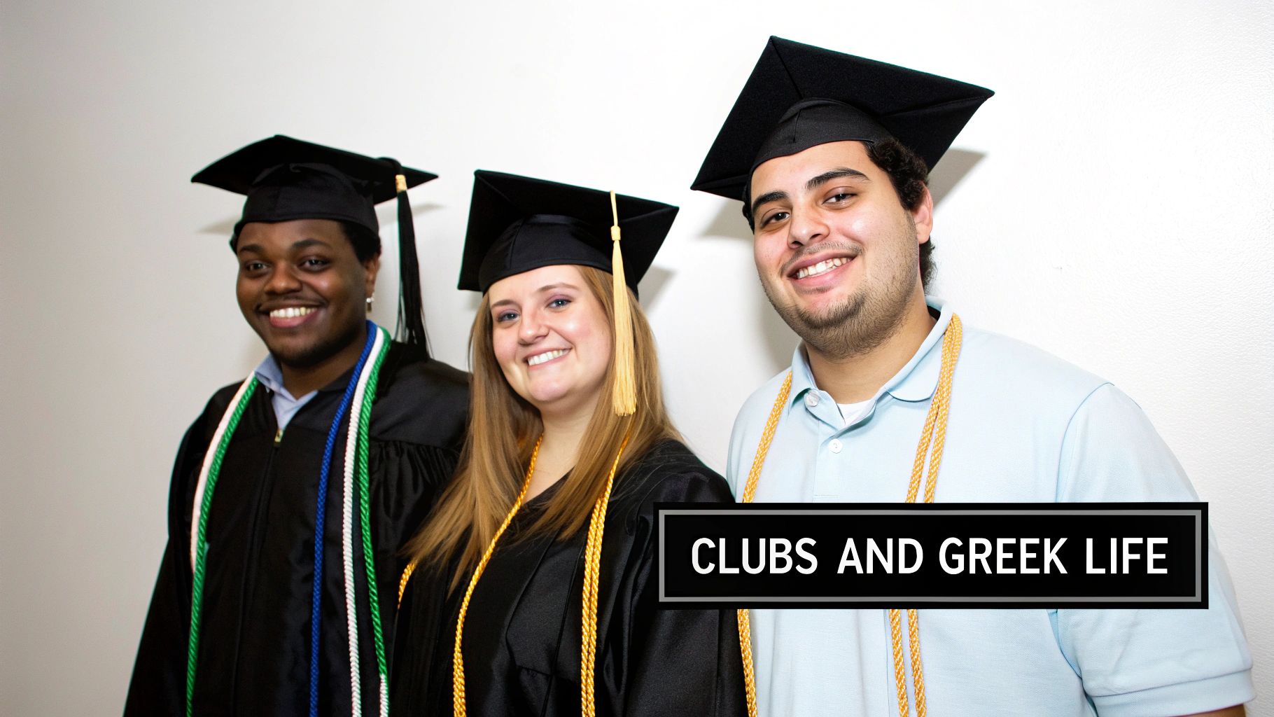 Three diverse graduates smiling in caps, gowns, and academic cords, representing clubs and Greek life.