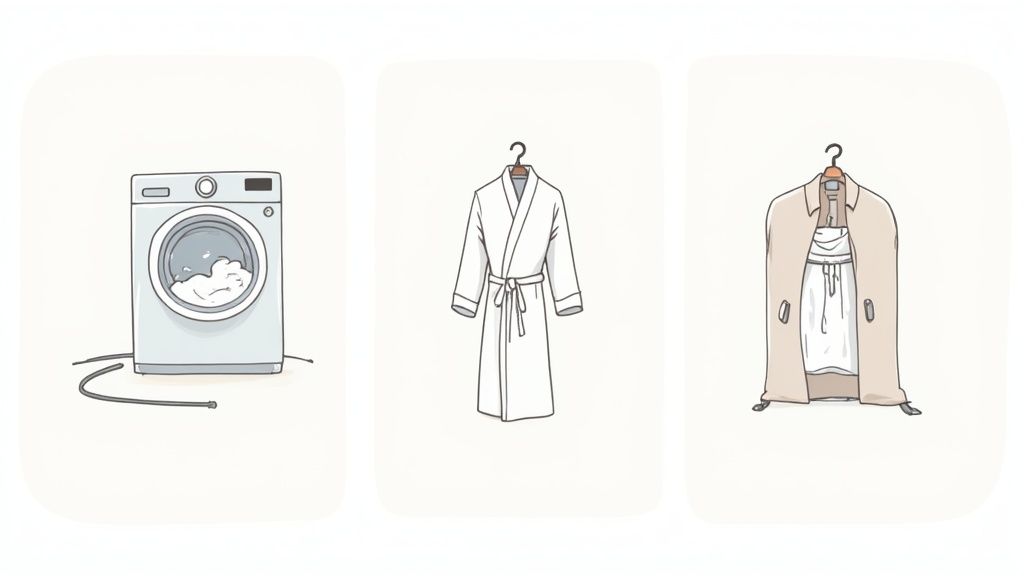 Three cartoon panels depicting a washing machine, a white bathrobe, and a beige trench coat.