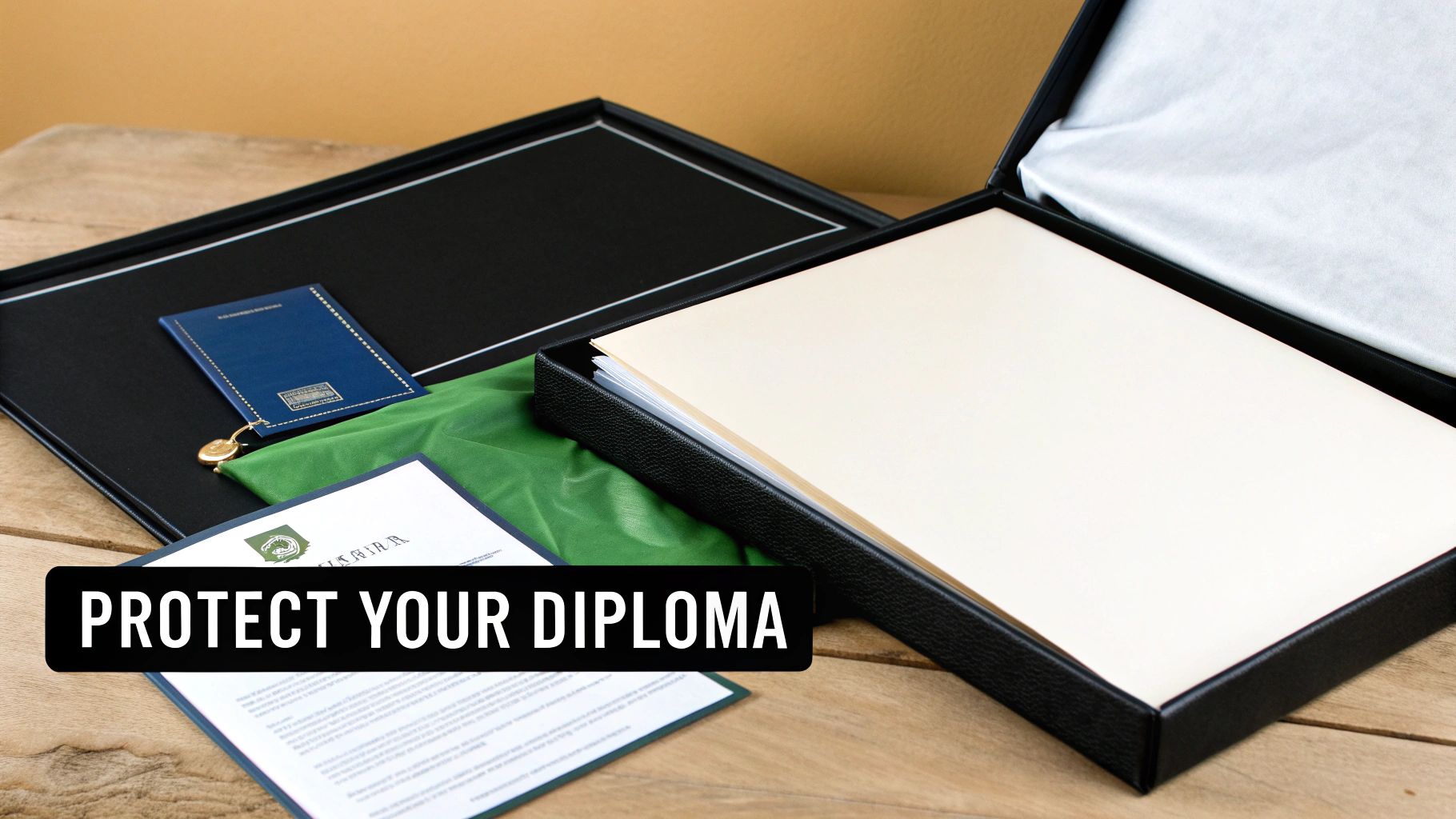 A black diploma box is open, revealing documents, a blue booklet, and a certificate on a wooden surface.