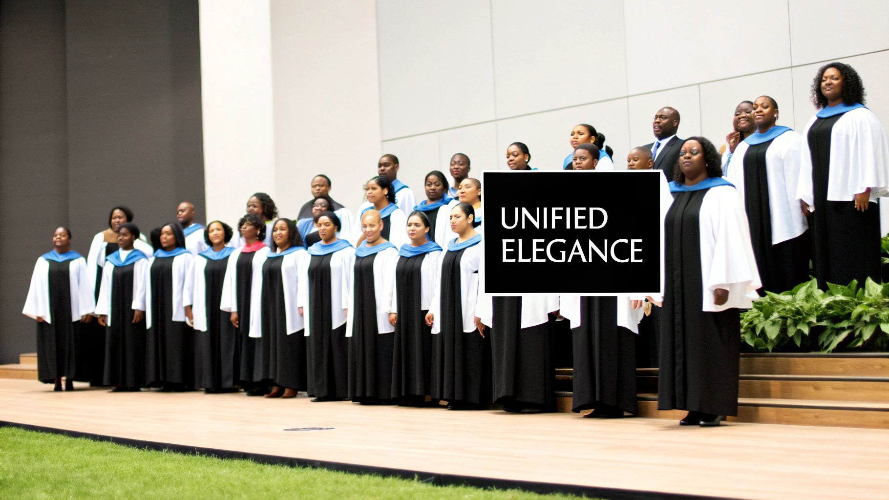 A large choir of diverse adults in black robes with white and blue stoles perform on stage.