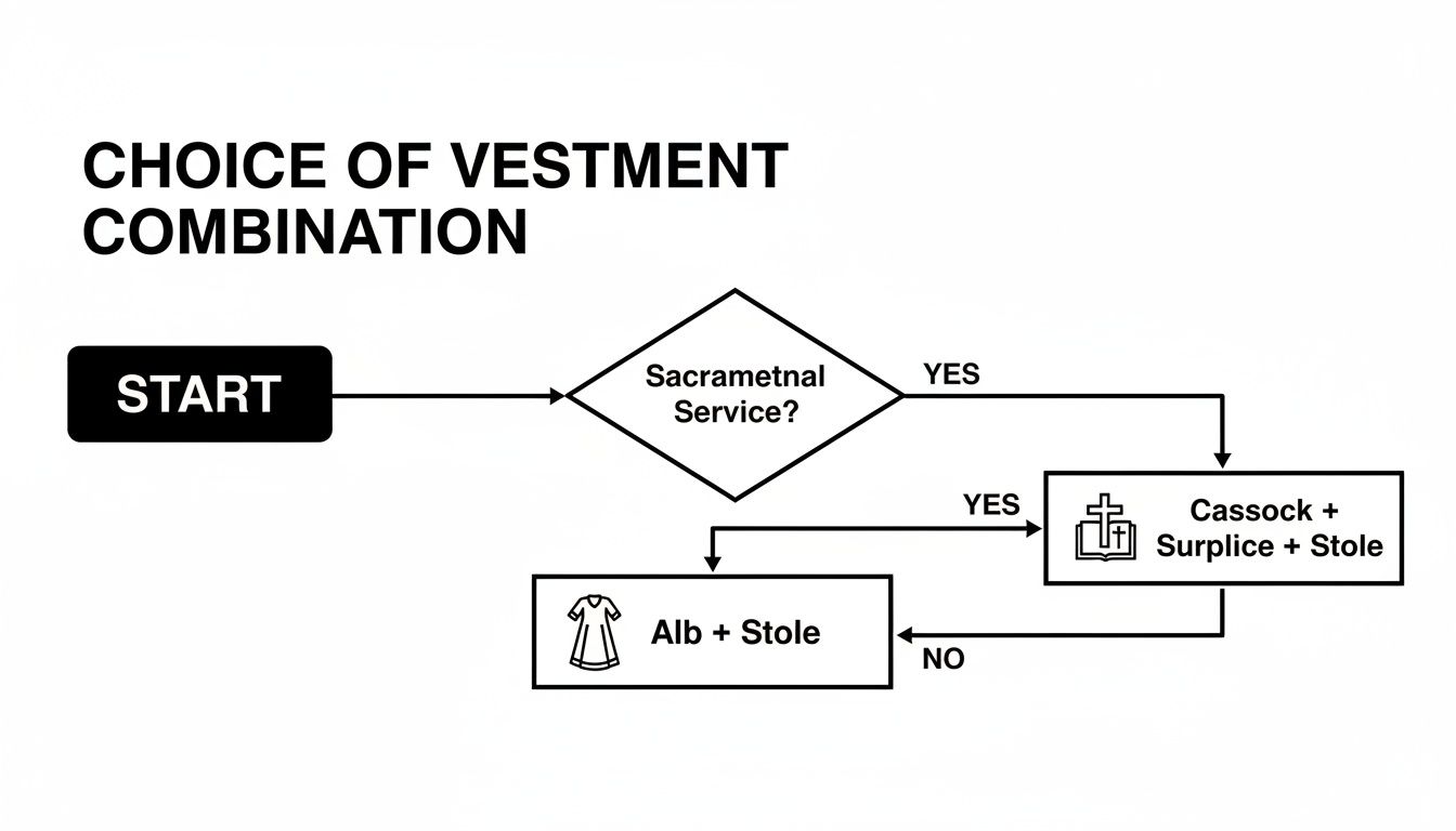 Flowchart showing choices for vestment combinations, including Alb + Stole and Cassock + Surplice + Stole.