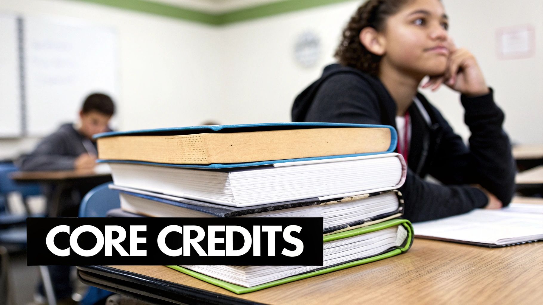 A stack of colorful textbooks on a classroom desk with 'CORE CREDITS' text overlay, students in background.