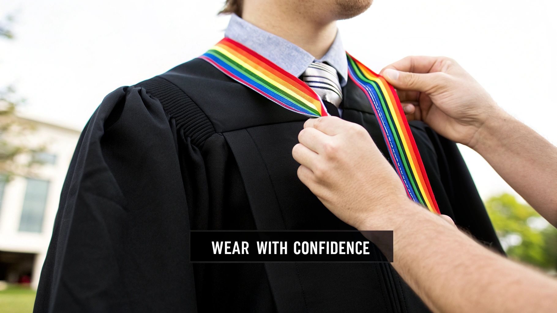 Close-up of a person in a graduation gown wearing a rainbow pride cord, being adjusted.