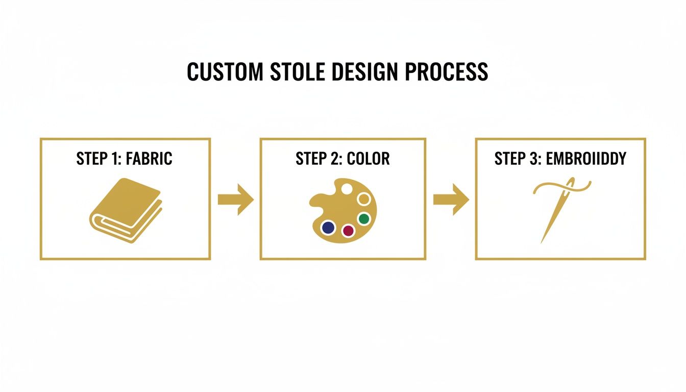 A visual guide illustrating the custom stole design process, including steps for fabric, color, and embroidery.