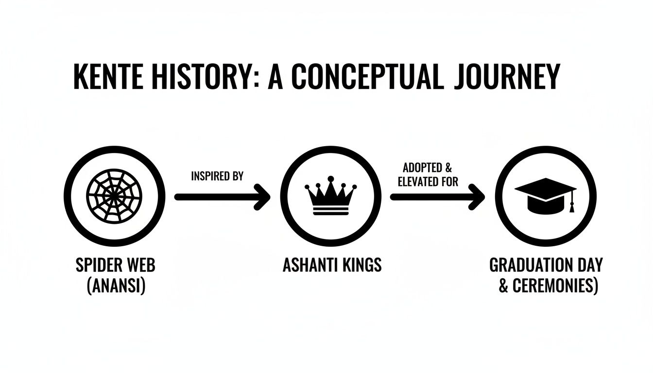 Conceptual journey of Kente history: from spider web (Anansi) inspiration to Ashanti kings and graduation ceremonies.
