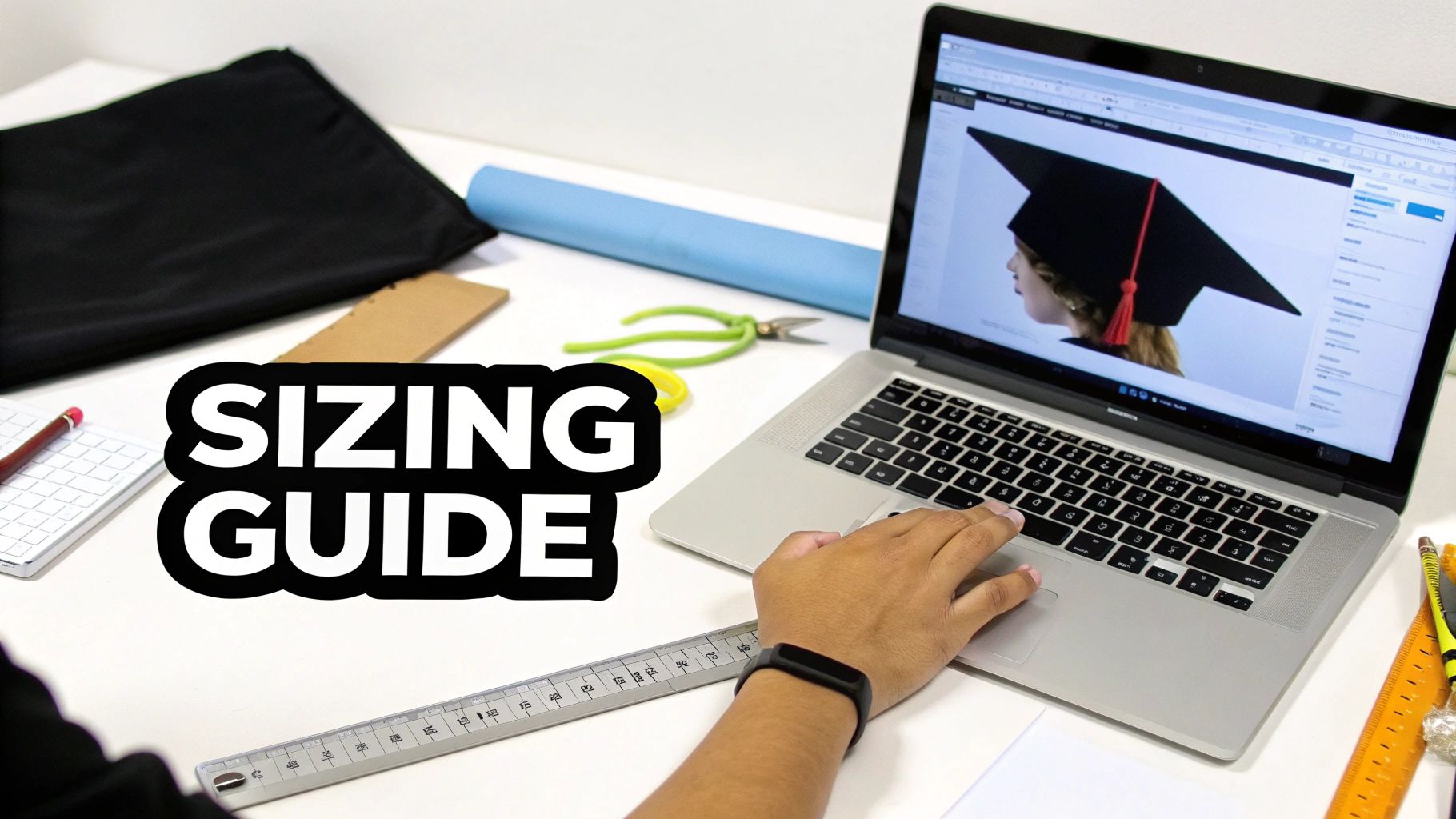 Person working on a laptop displaying a graduation cap design with a 'SIZING GUIDE' overlay.