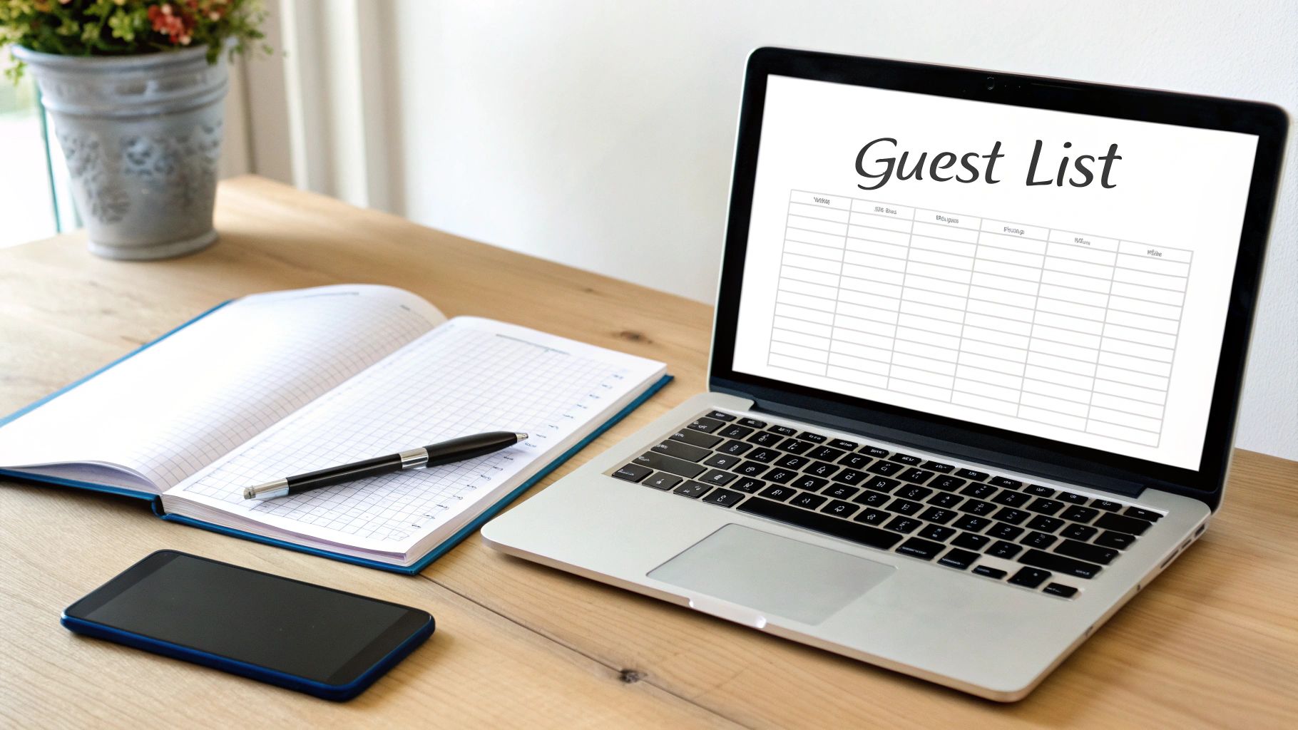 A laptop displaying a "Guest List" on a wooden desk with an open notebook, pen, and smartphone.