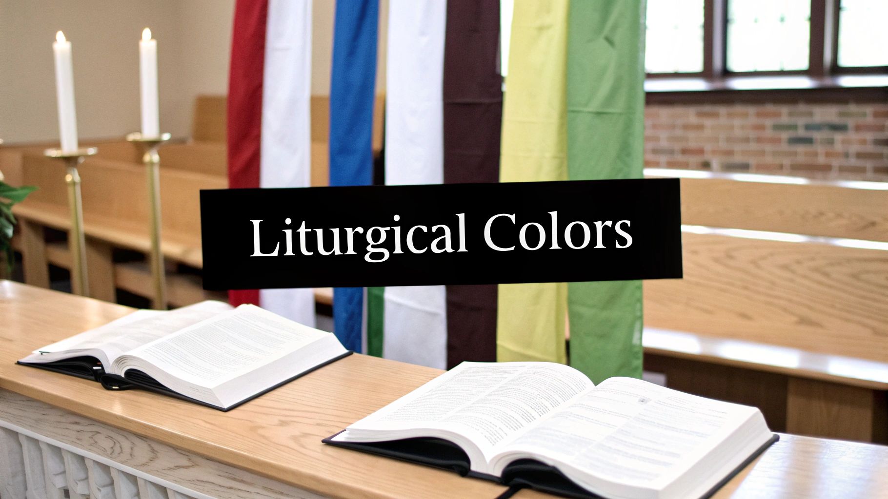 Open Bibles on a wooden altar with lit candles, colorful liturgical banners, and 'Liturgical Colors' text.