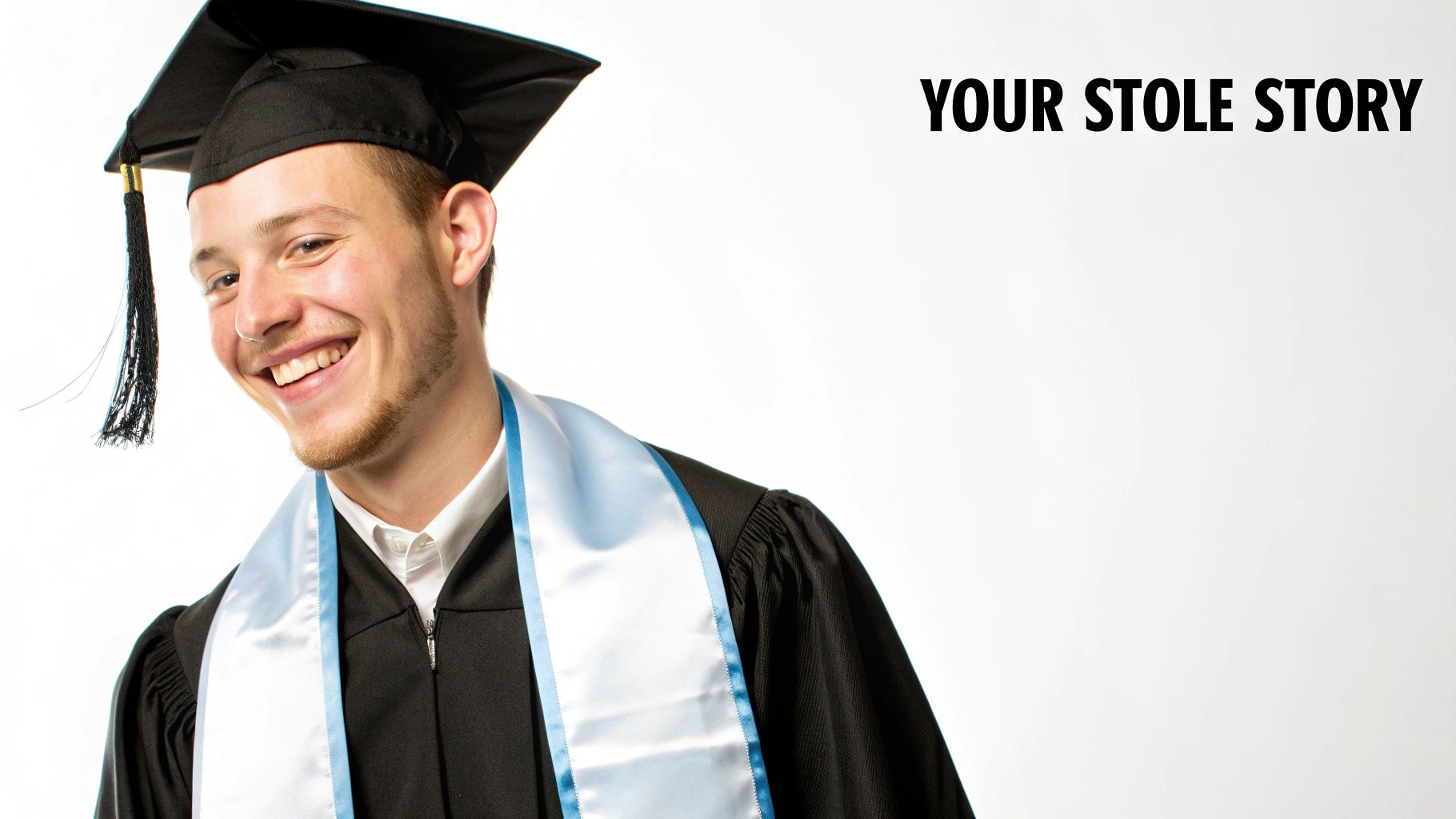 A smiling young male graduate in a black cap and gown, wearing a light blue and white stole.