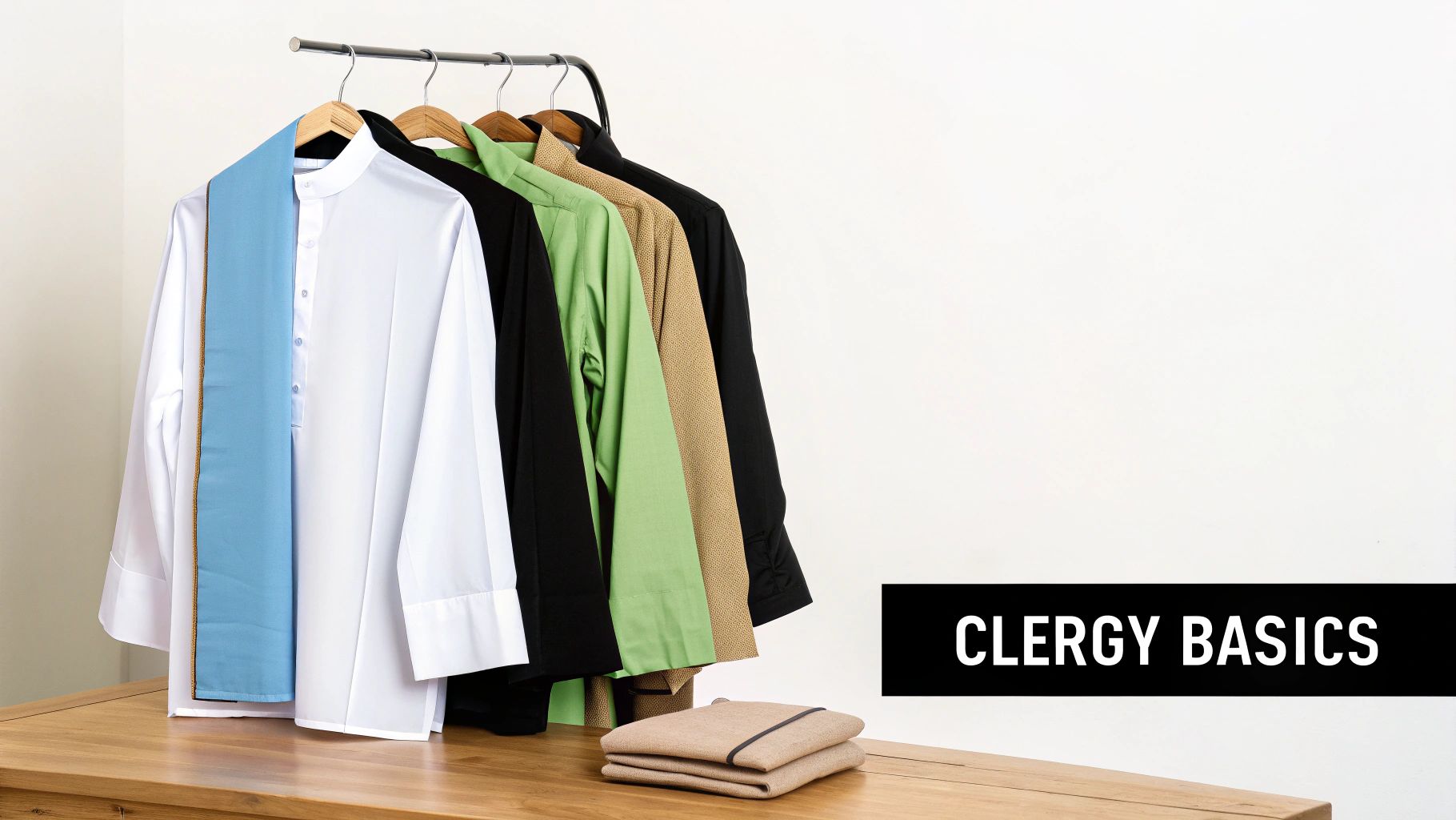 Clergy attire including white, black, green, and tan shirts with a blue stole on a rack, labeled 'CLERGY BASICS'.