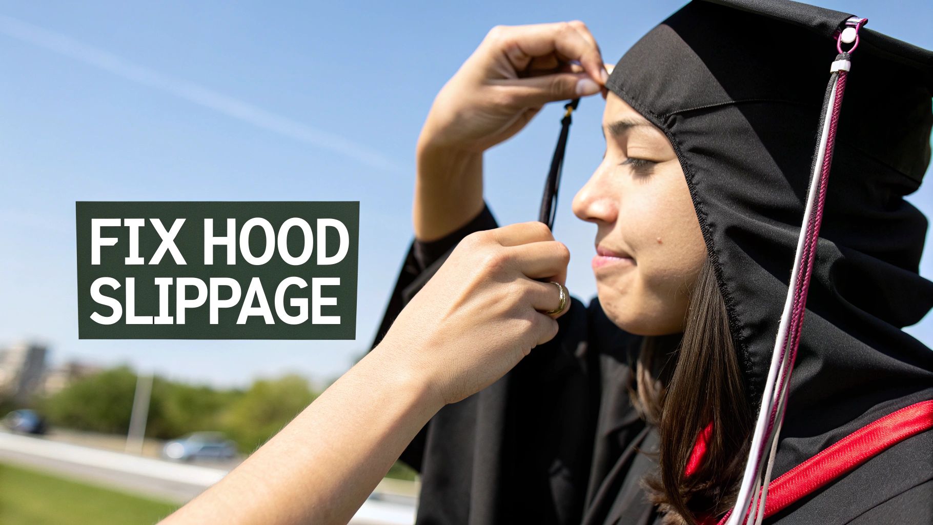 A graduate wearing a cap and gown gets their tassel adjusted outdoors, fixing hood slippage.