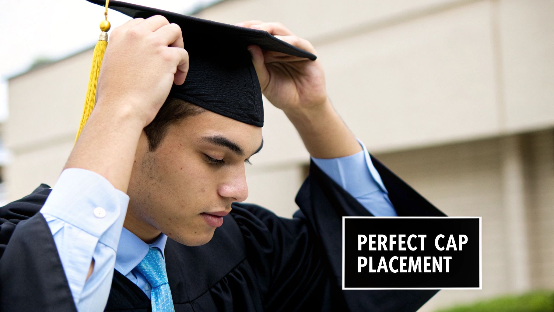 A male graduate in a gown and blue shirt adjusting his black graduation cap with a yellow tassel.