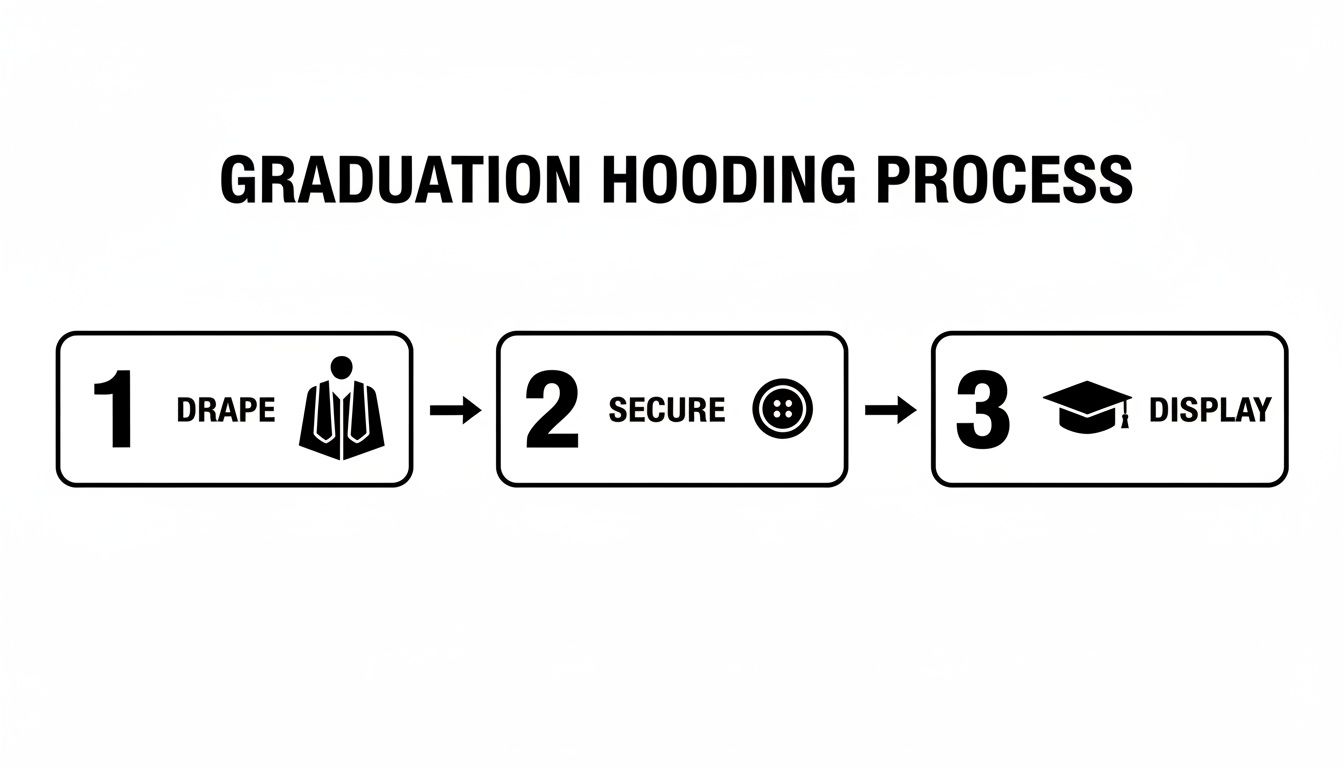 A three-step diagram outlining the graduation hooding process: drape, secure with a button, and display a graduation cap.