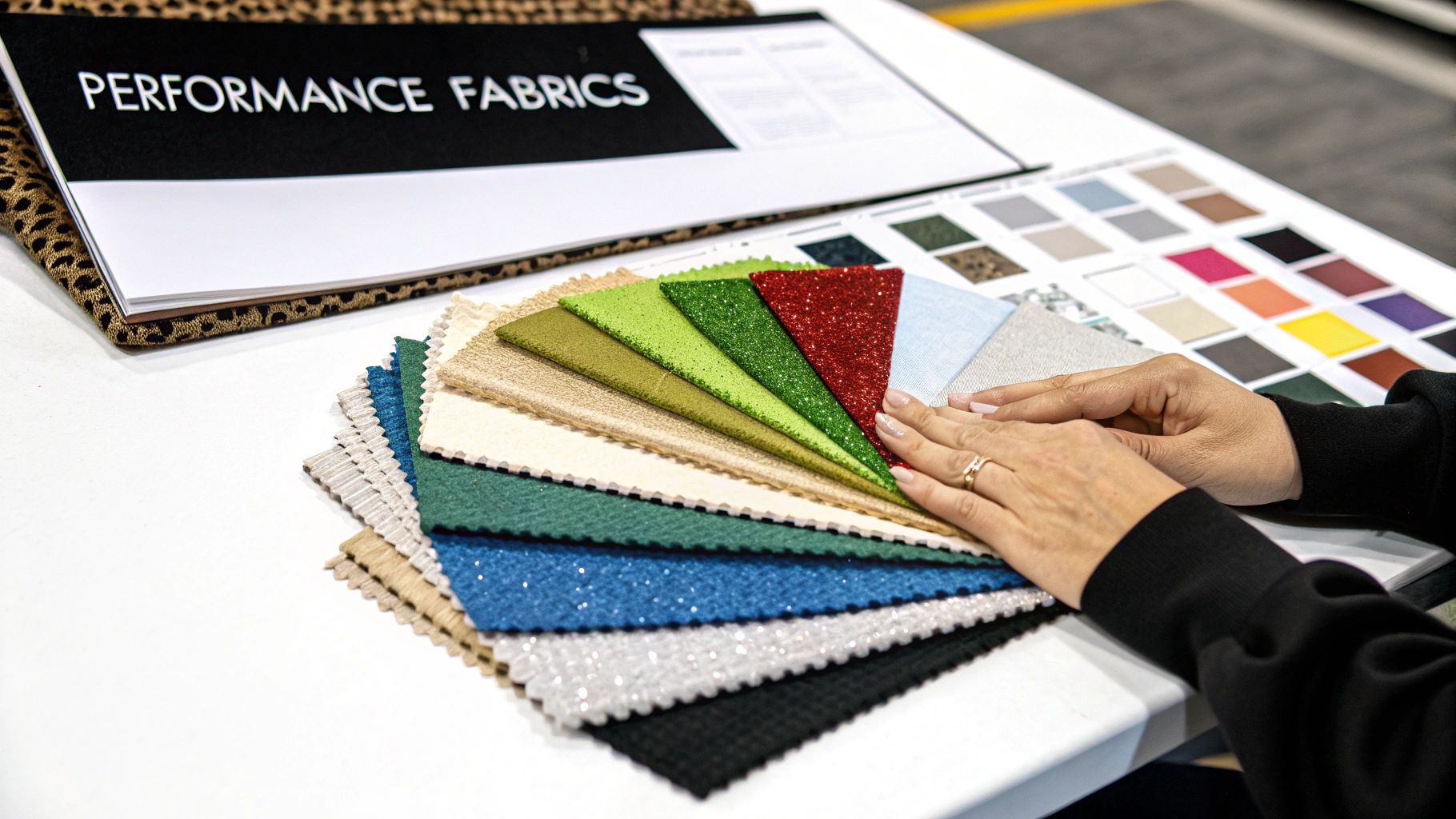 Hands examining a selection of colorful fabric swatches from a 'Performance Fabrics' collection.