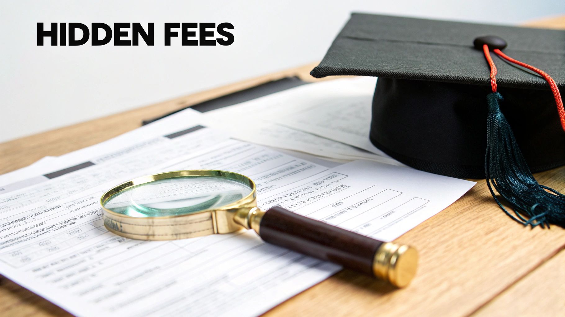 A graduation cap, magnifying glass, and financial documents on a table with 'HIDDEN FEES' text, highlighting education costs.