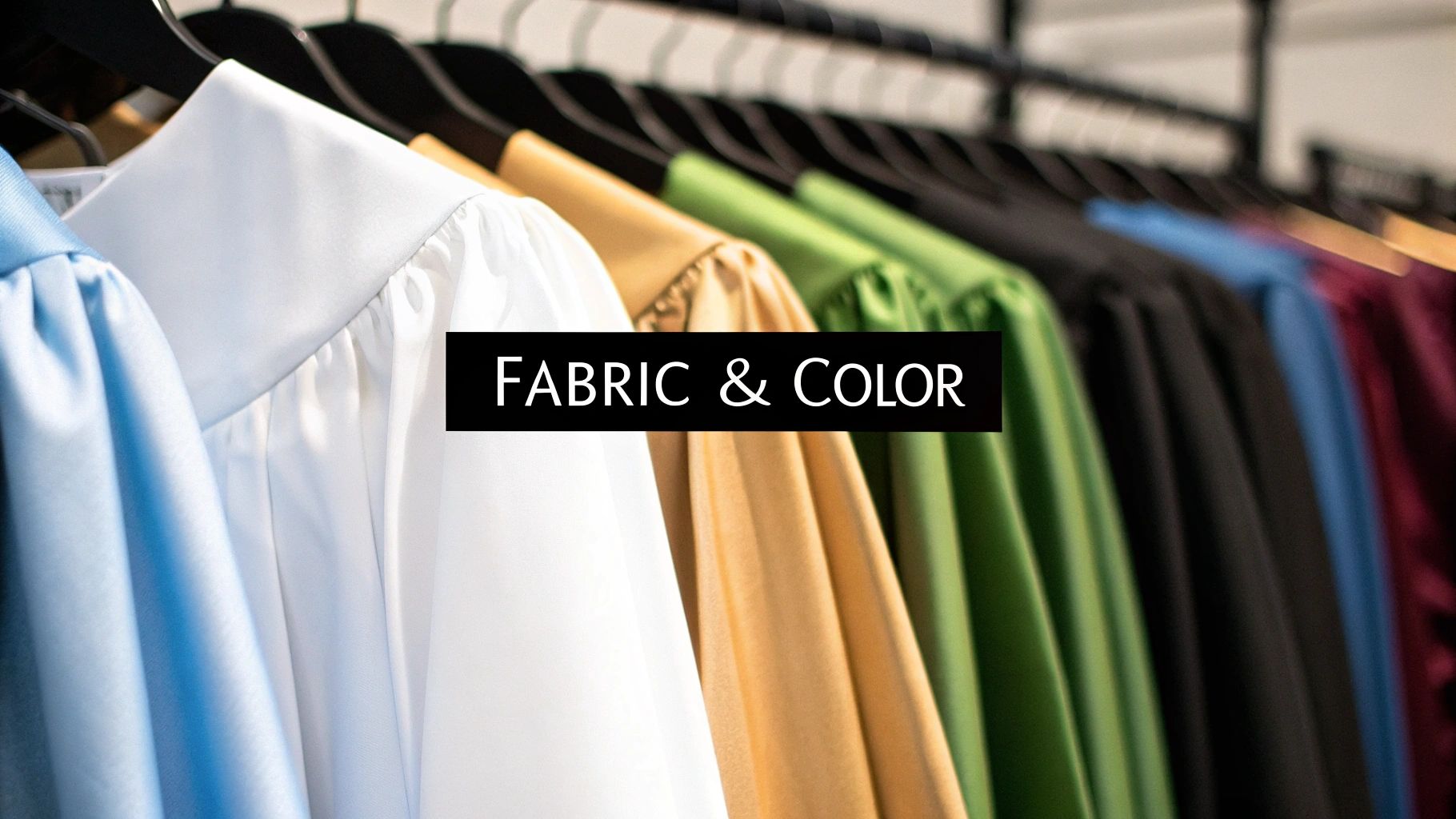 A close-up of various colorful choir robes on hangers, highlighting different fabric textures and hues.