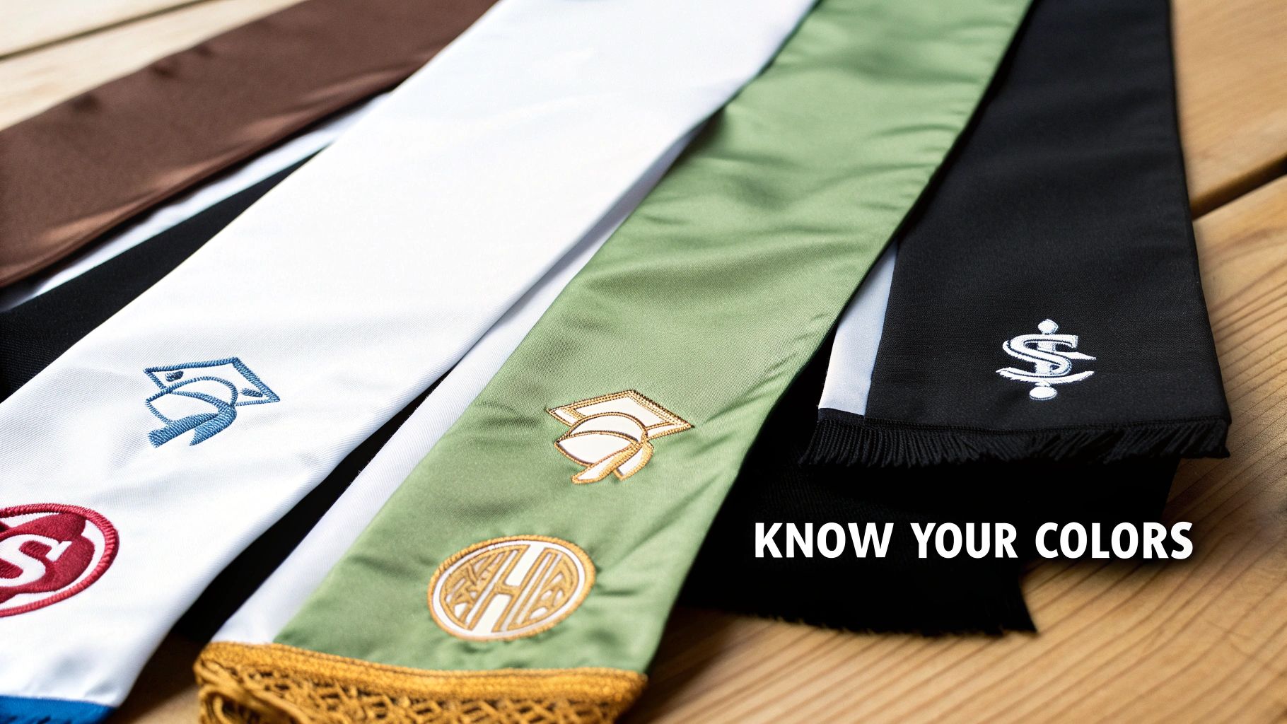 Collection of diverse graduation stoles with unique colors and embroidered designs on wood.