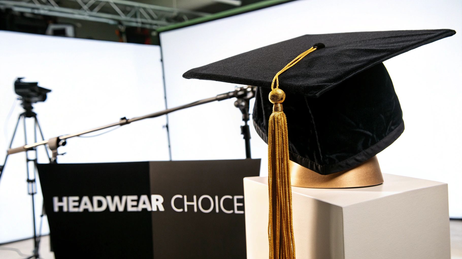 A close-up of a doctoral graduate wearing a black velvet tam with a gold tassel.