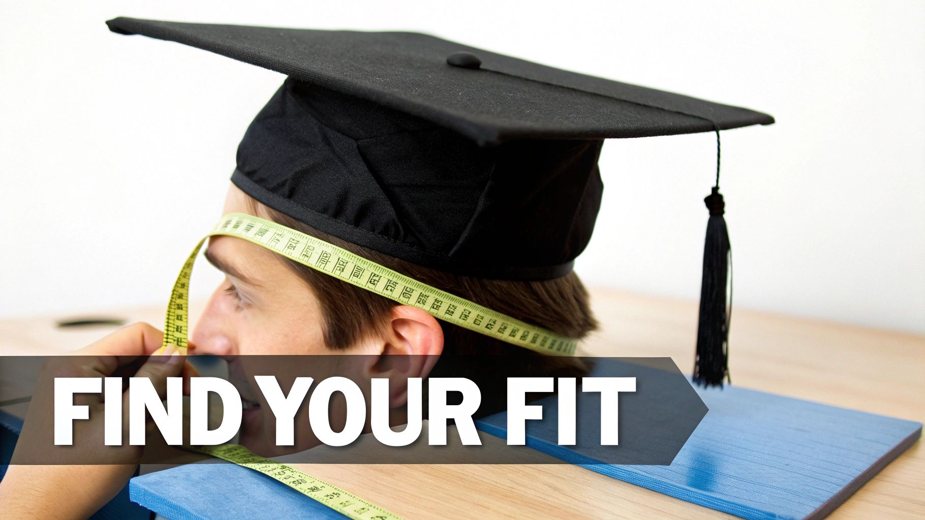 A person wearing a graduation cap has a measuring tape wrapped around their head.