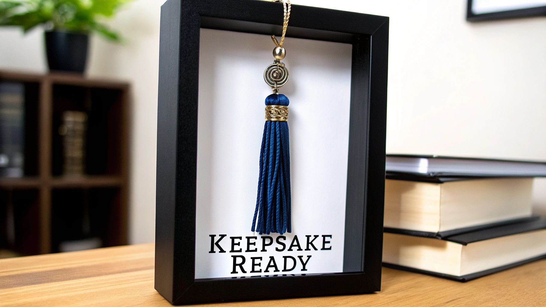 A blue graduation tassel with a gold charm is neatly displayed in a black shadow box frame on a wooden desk.