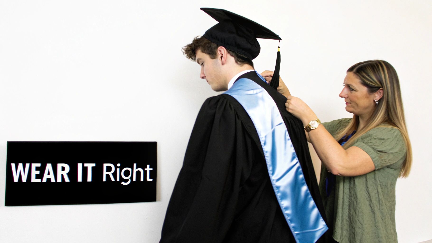 A woman helps a male graduate adjust his light blue satin stole and black gown.