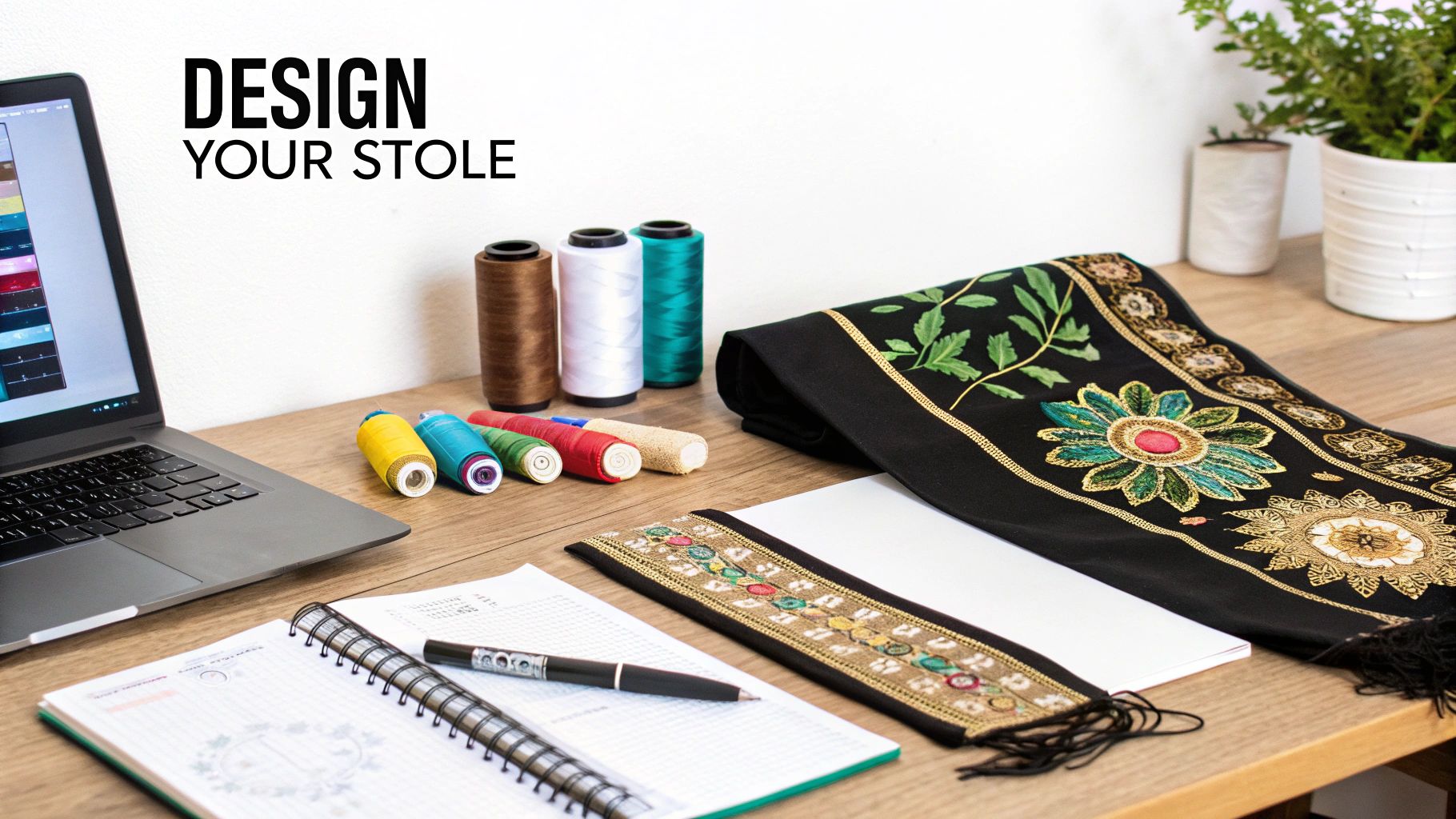 A creative workspace with a laptop, colorful embroidery threads, and elaborately designed stoles, featuring the text "DESIGN YOUR STOLE".