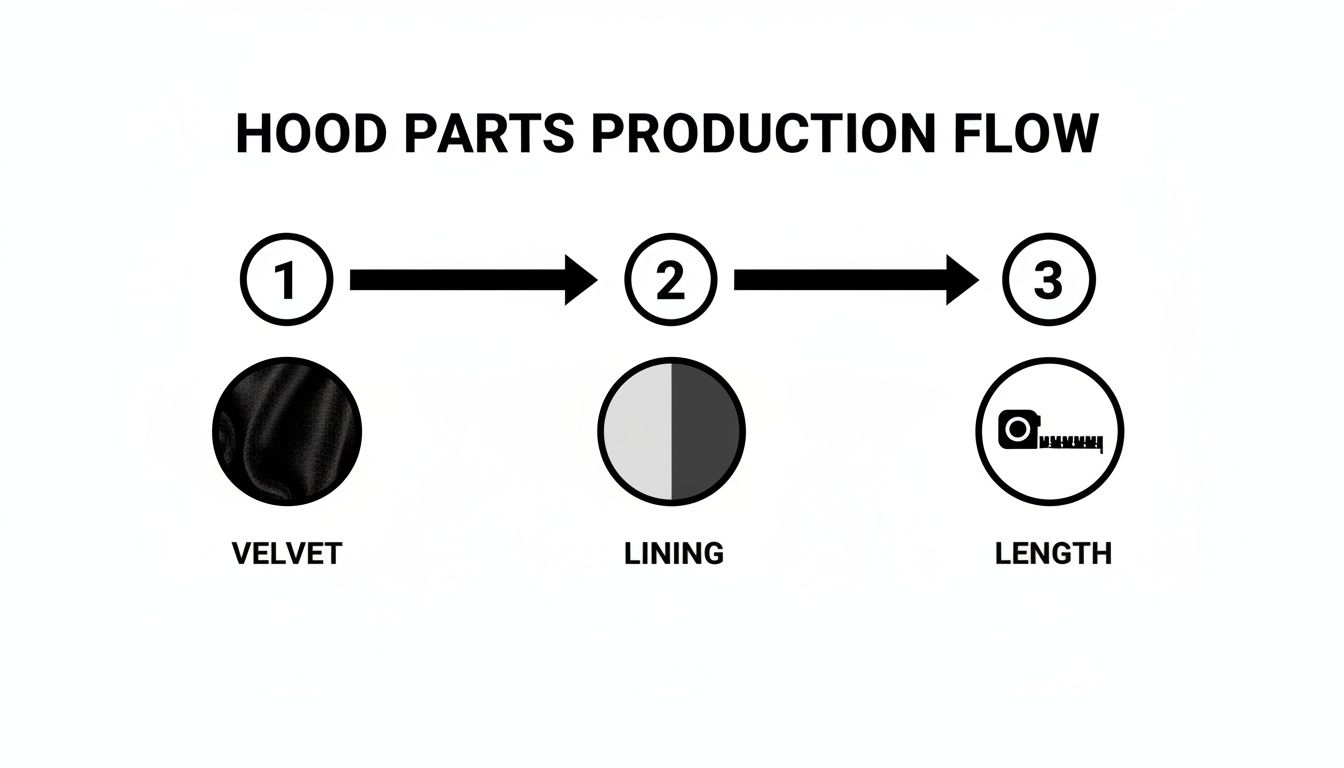 Diagram illustrating the production flow for academic hood parts, featuring steps for velvet, lining, and length.