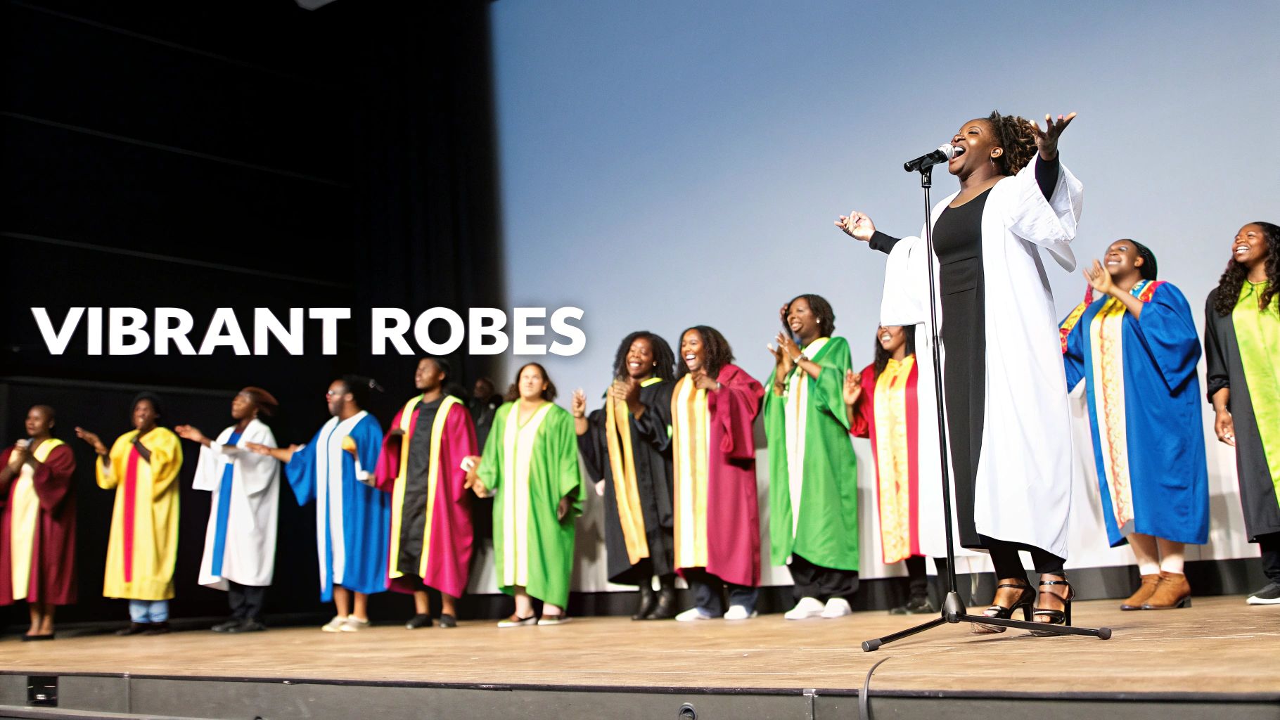 A joyous gospel choir in vibrant robes performing on stage, with a lead singer at the microphone.
