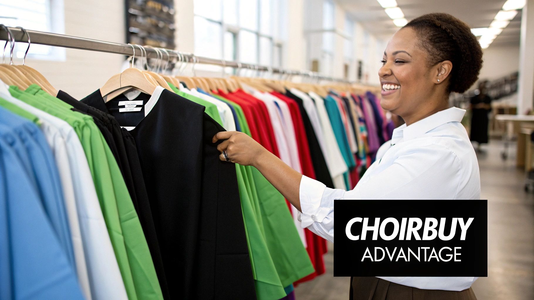 A smiling woman browsing a rack of colorful choir robes, touching a black one.