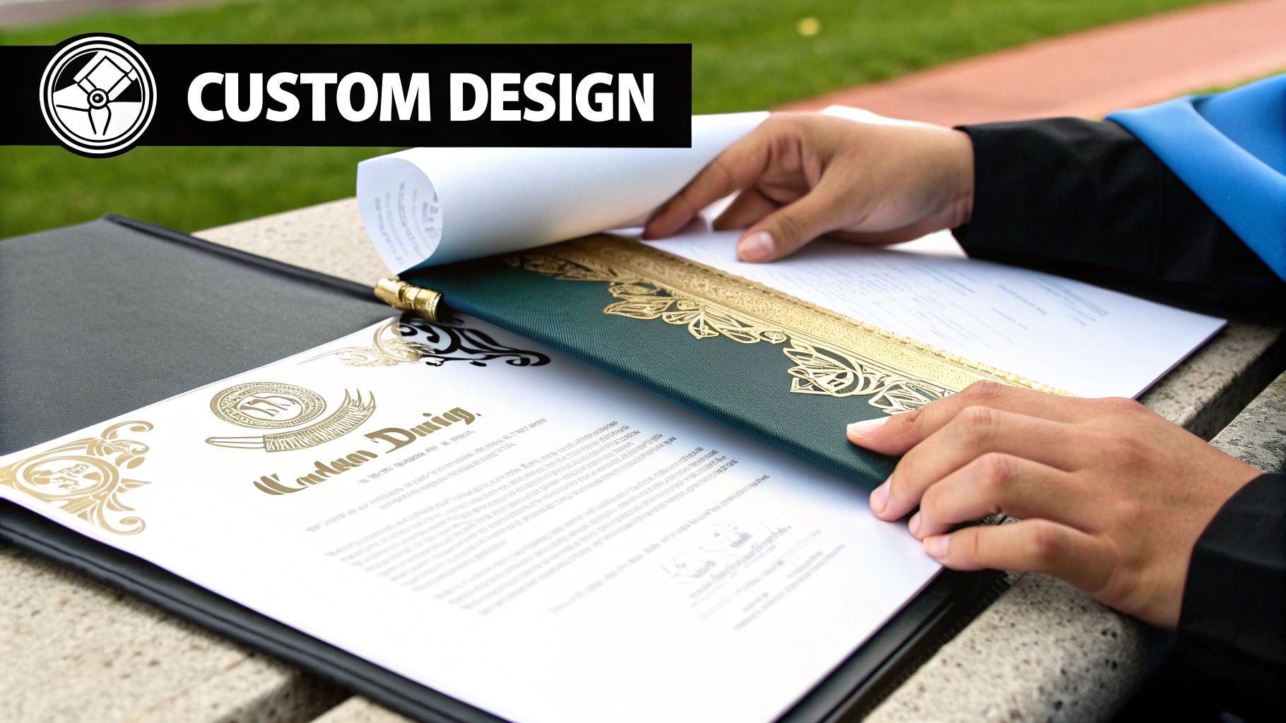 A person in a graduation gown holds a custom green diploma cover with gold ornate details.