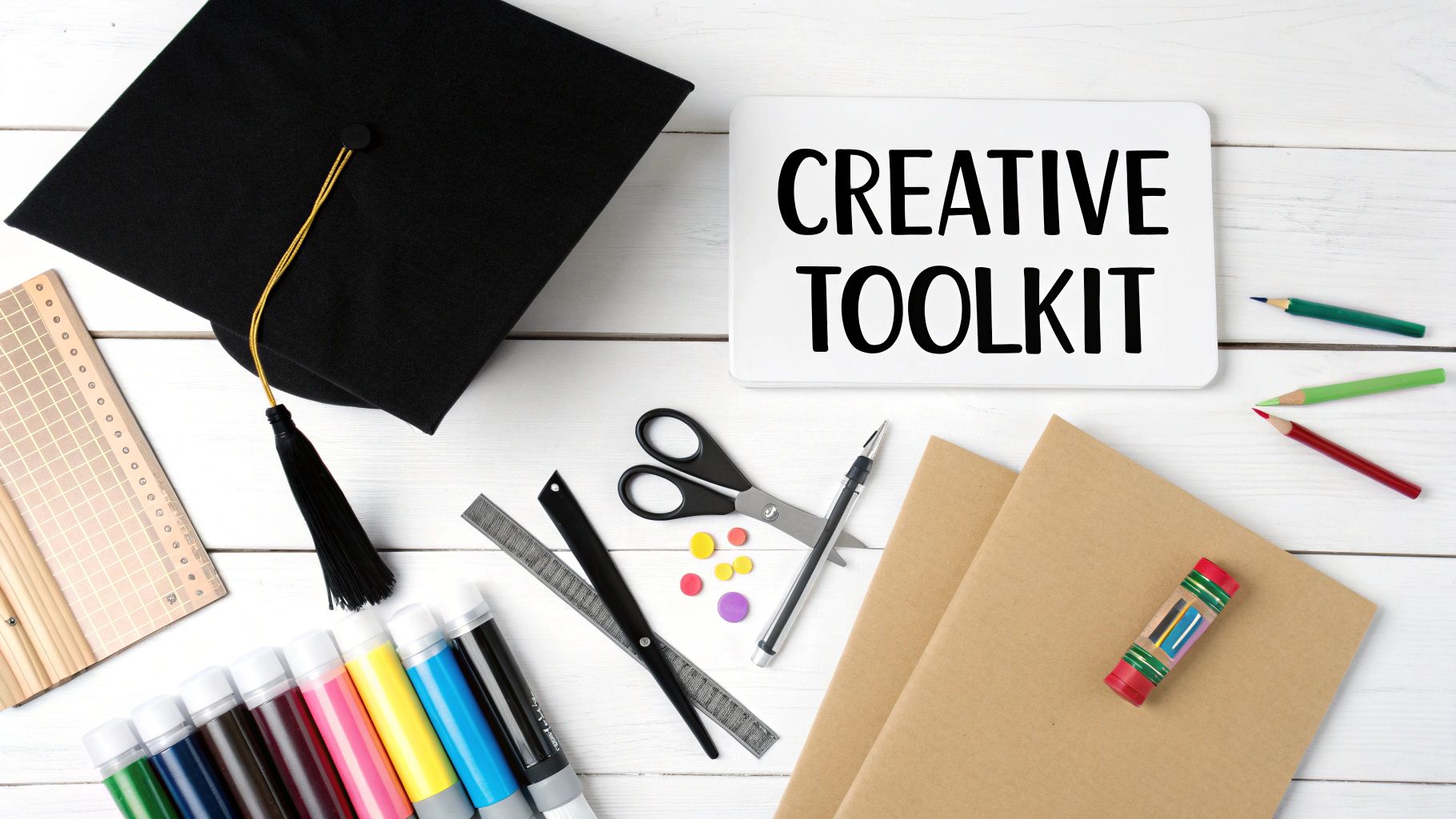 A flat lay of creative tools, a graduation cap, and a sign saying 'Creative Toolkit'.