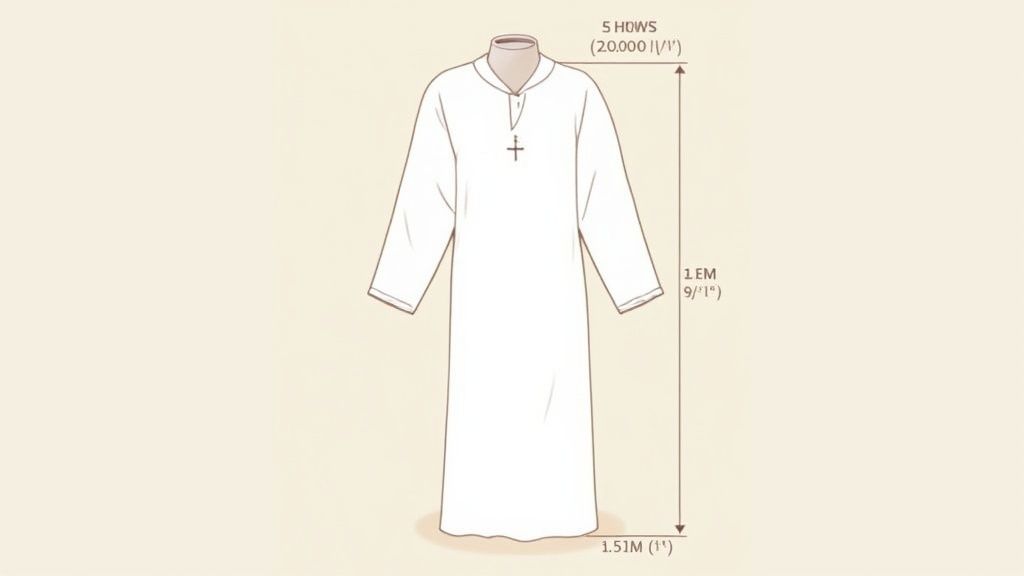 A detailed diagram of a white, long-sleeved baptismal robe with a cross, showing various measurements.