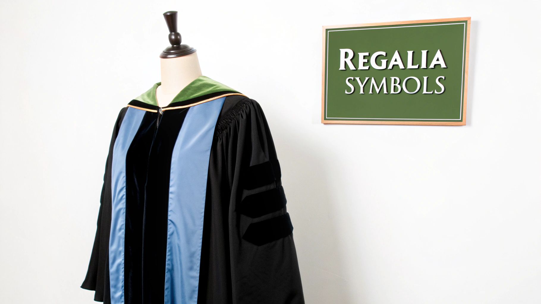 Doctoral academic regalia, including a black gown, blue panels, and a green hood, on a mannequin.